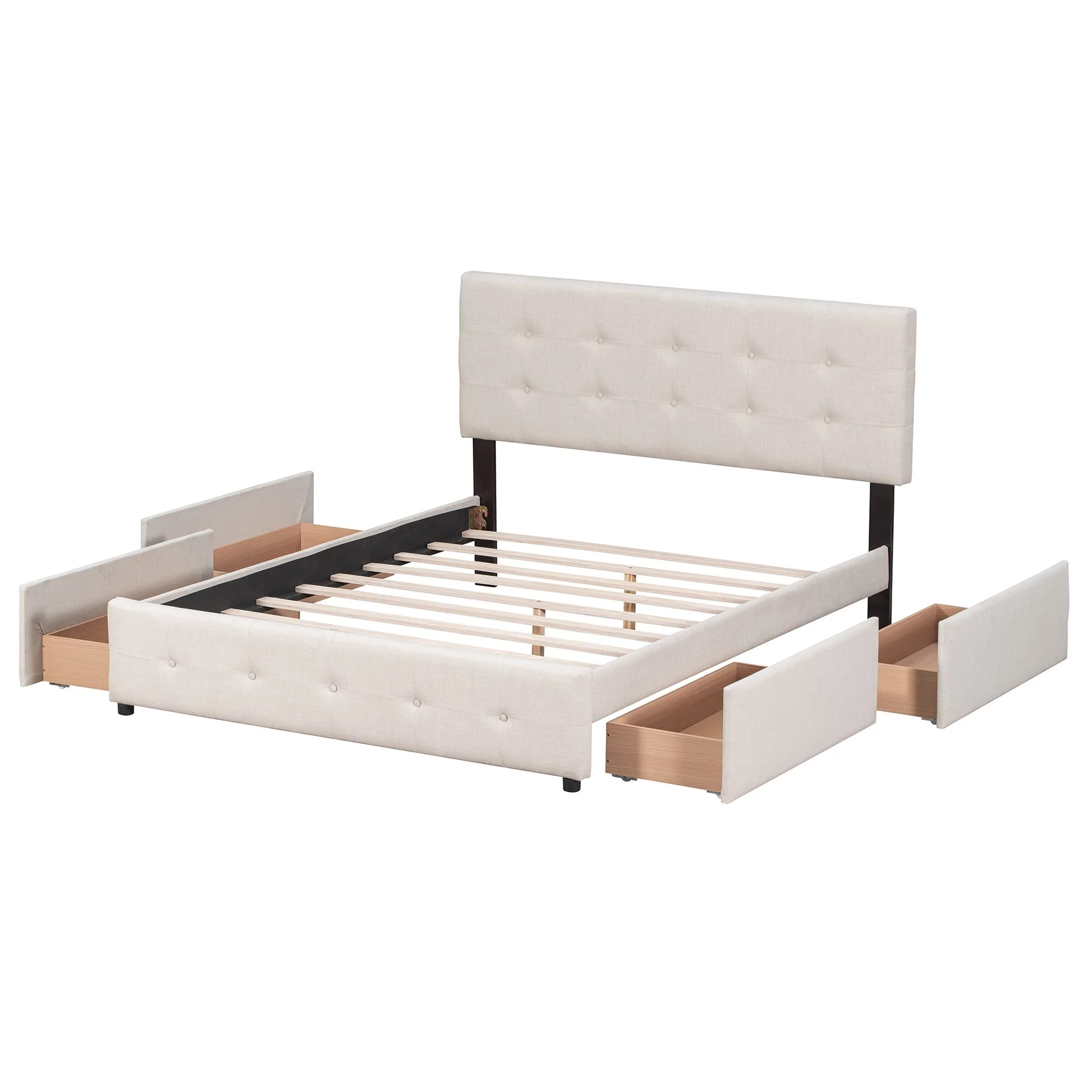 Queen Size Linen Fabric Upholstered Platform Bed with Tufted Headboard, 4 Side Drawers, and Solid Wood Slats Beige