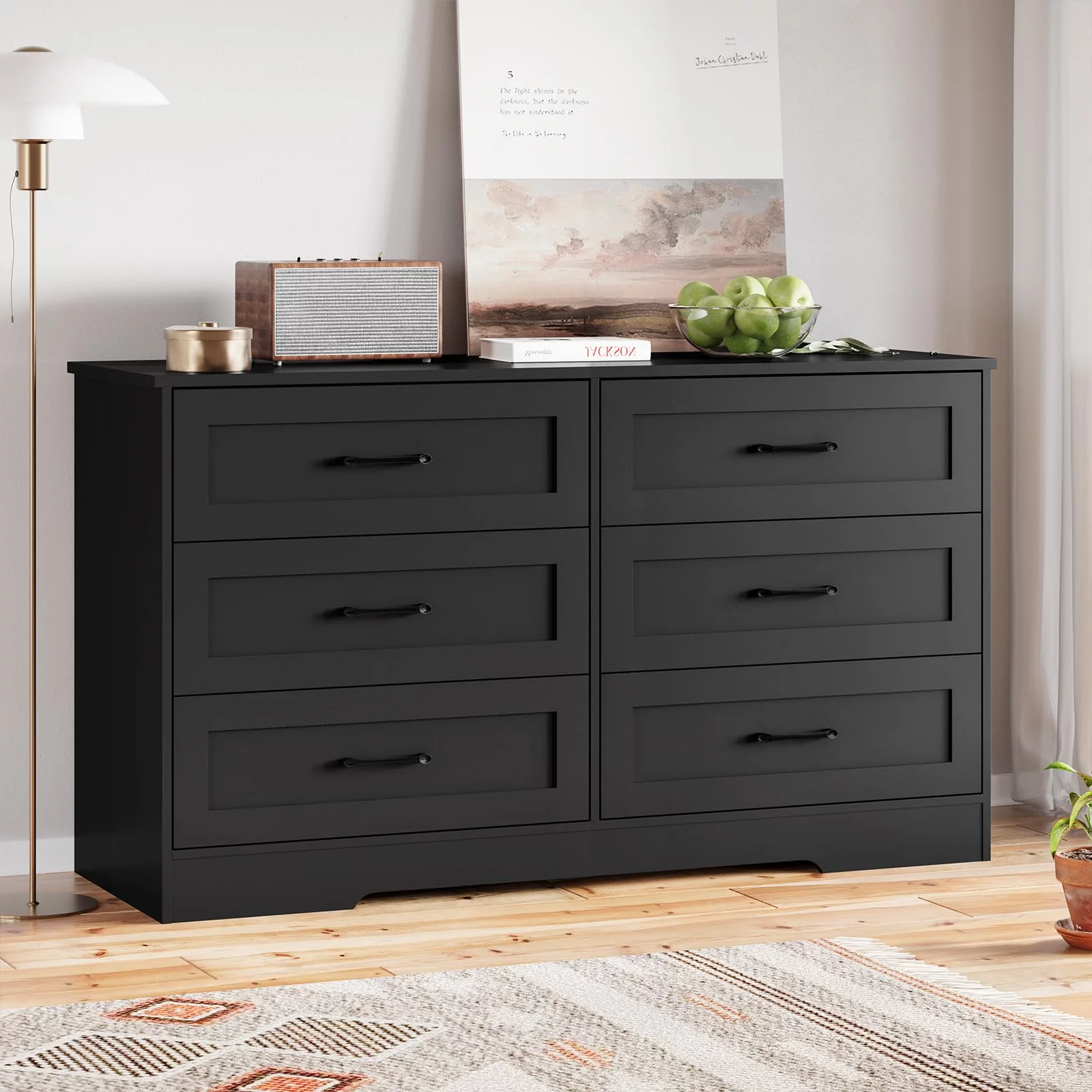 Black Dresser with 6 Drawers,Wood Chest of Drawers Double Dresser Storage Cabinet for Bedroom Closet Living Room