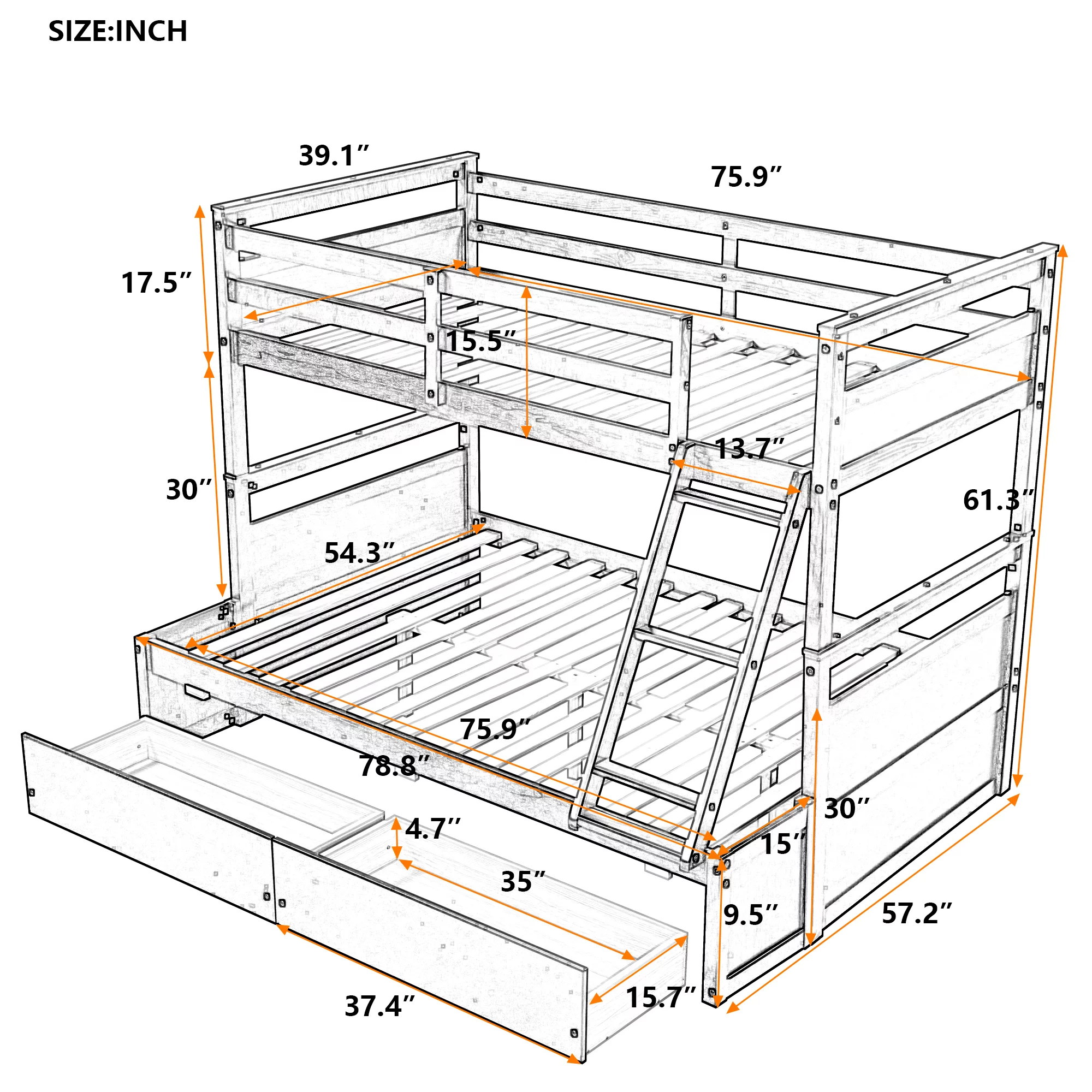 Bellemave White Twin over Full Bunk Bed with 2 Drawers for Kids Child Teen, Wood Storage Bunk Bed Twin over Full Size with Inclined Ladder for Bedroom