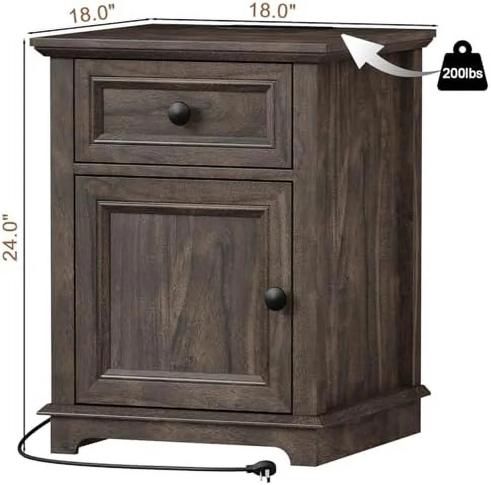 RUNFAYBIU Nightstands with 24" Tall Fast Charge 18" Bedroom Nightstand with Drawer & Adjustable End Tables with Charging Station Table Oak