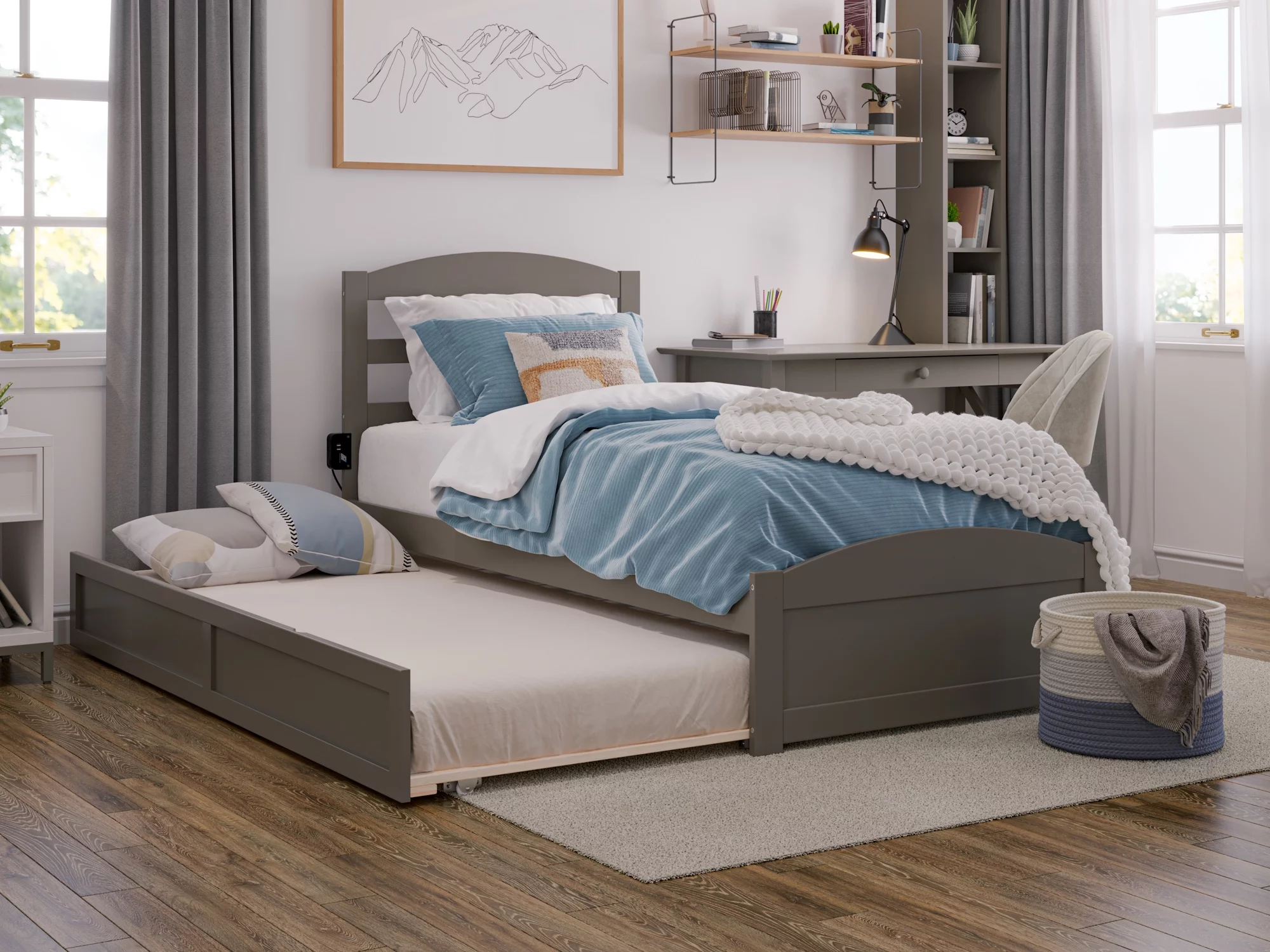 AFI Warren Twin Wood Platform Bed with Headboard Footboard & Twin Trundle, Grey