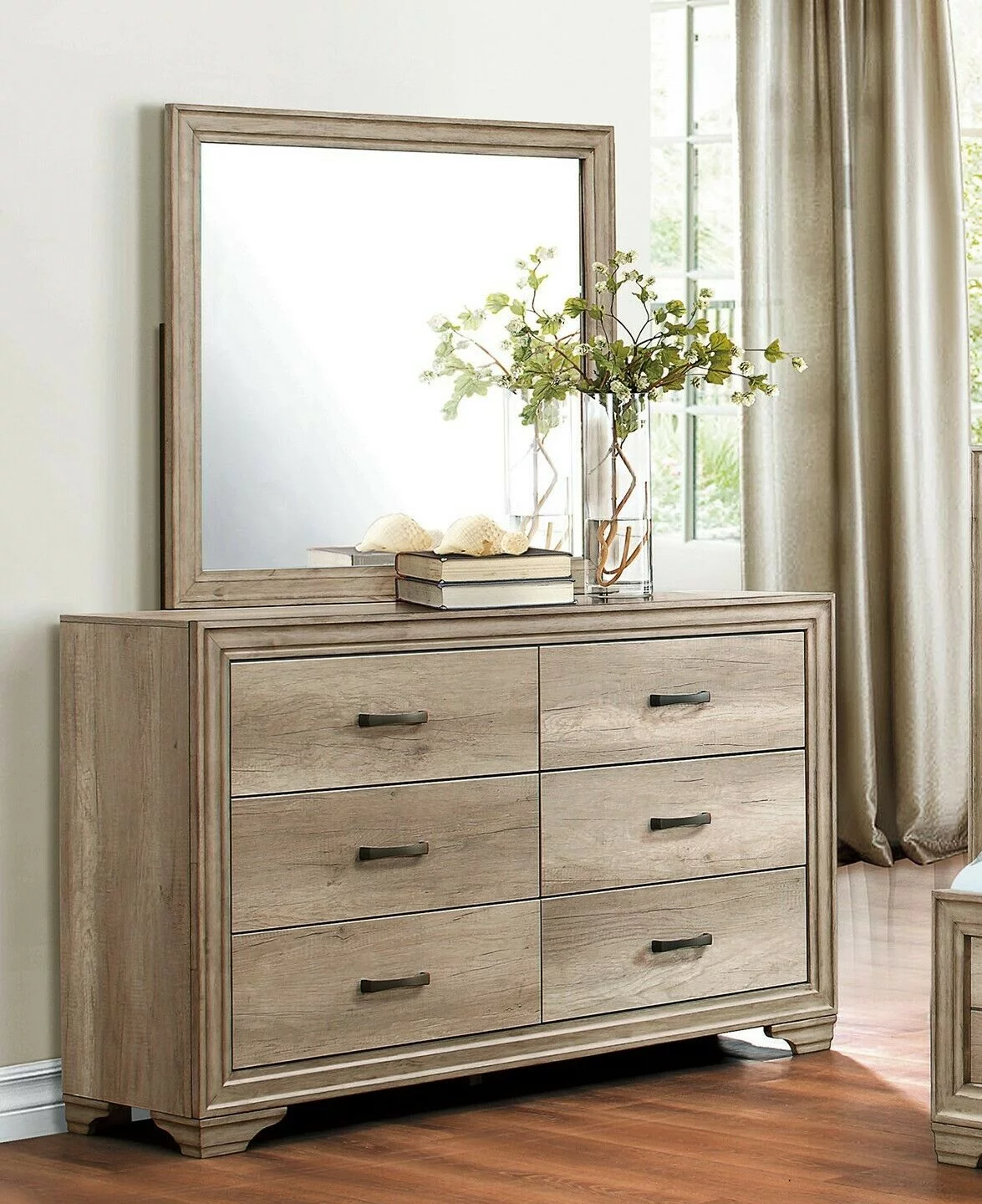 Contemporary 4pc Bedroom Set Twin Bed Nightstand Dresser Mirror Melamine Laminate Rustic Aesthetic Bedroom Furniture