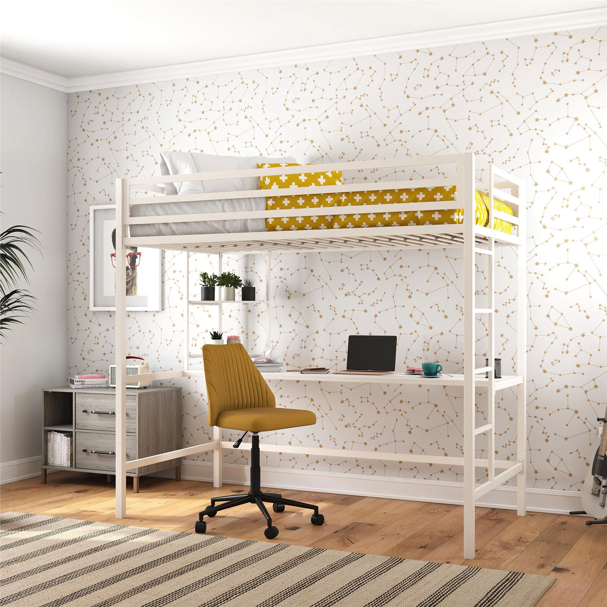 Novogratz Maxwell Metal Twin Loft Bed with Desk & Shelves, Off White/Off White