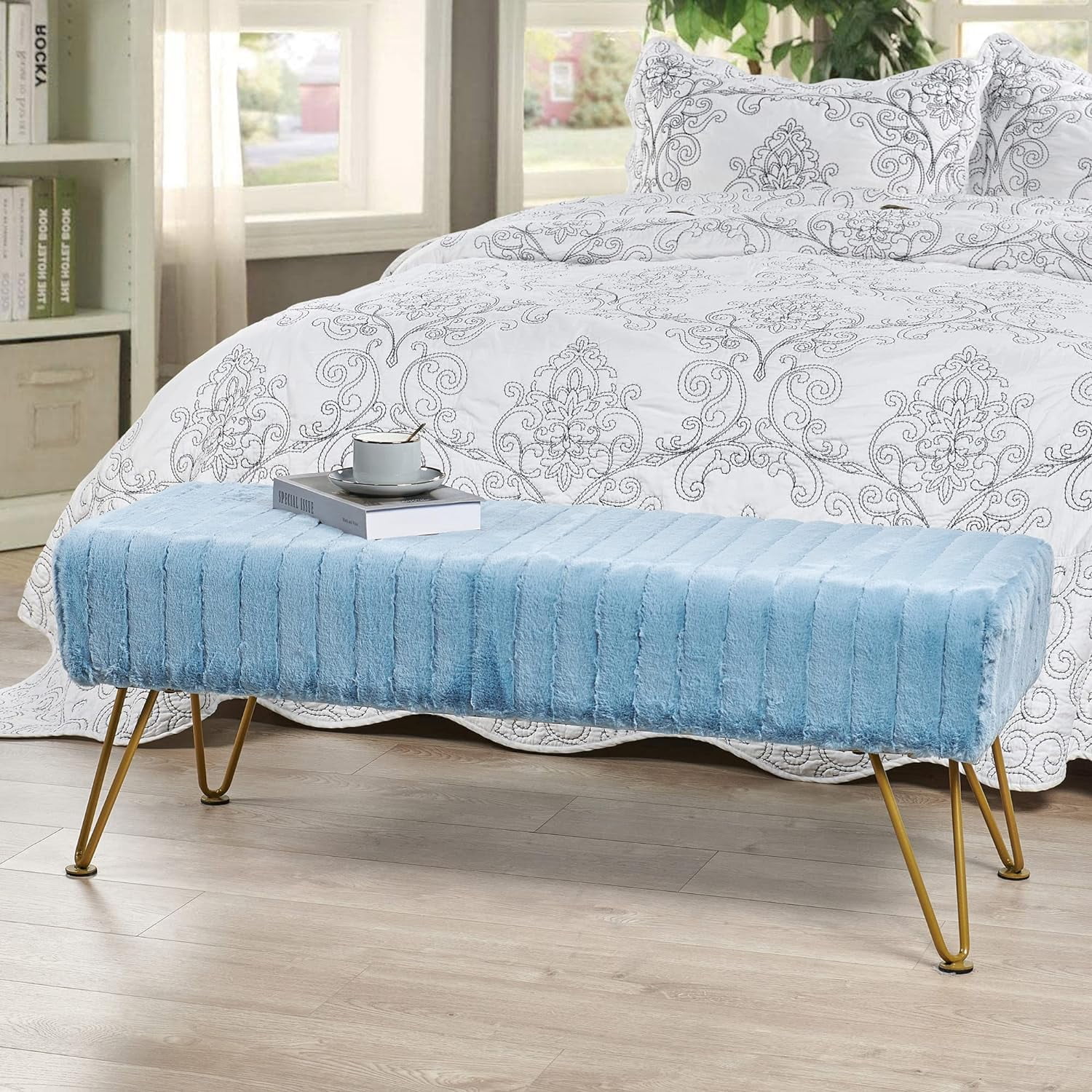 Super Mink Faux Fur Blue Ottoman Bench, 46