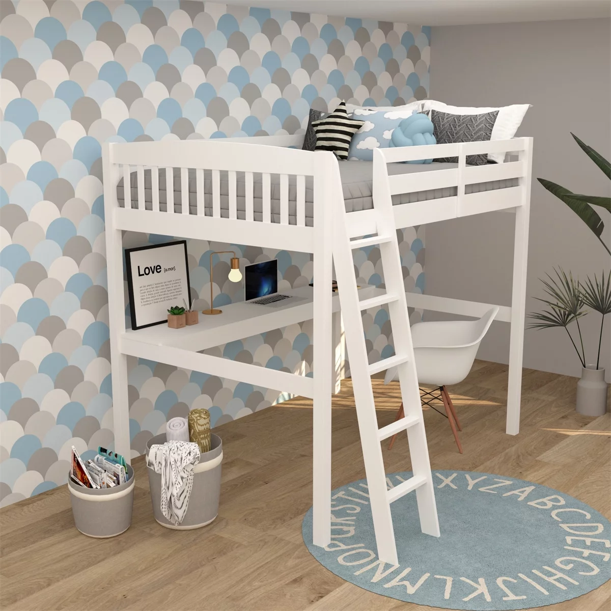 Loft Bed Frame with Desk, Twin Size Wooden Bed Frame with Guard Rails & Ladder for Kids and Teens - White