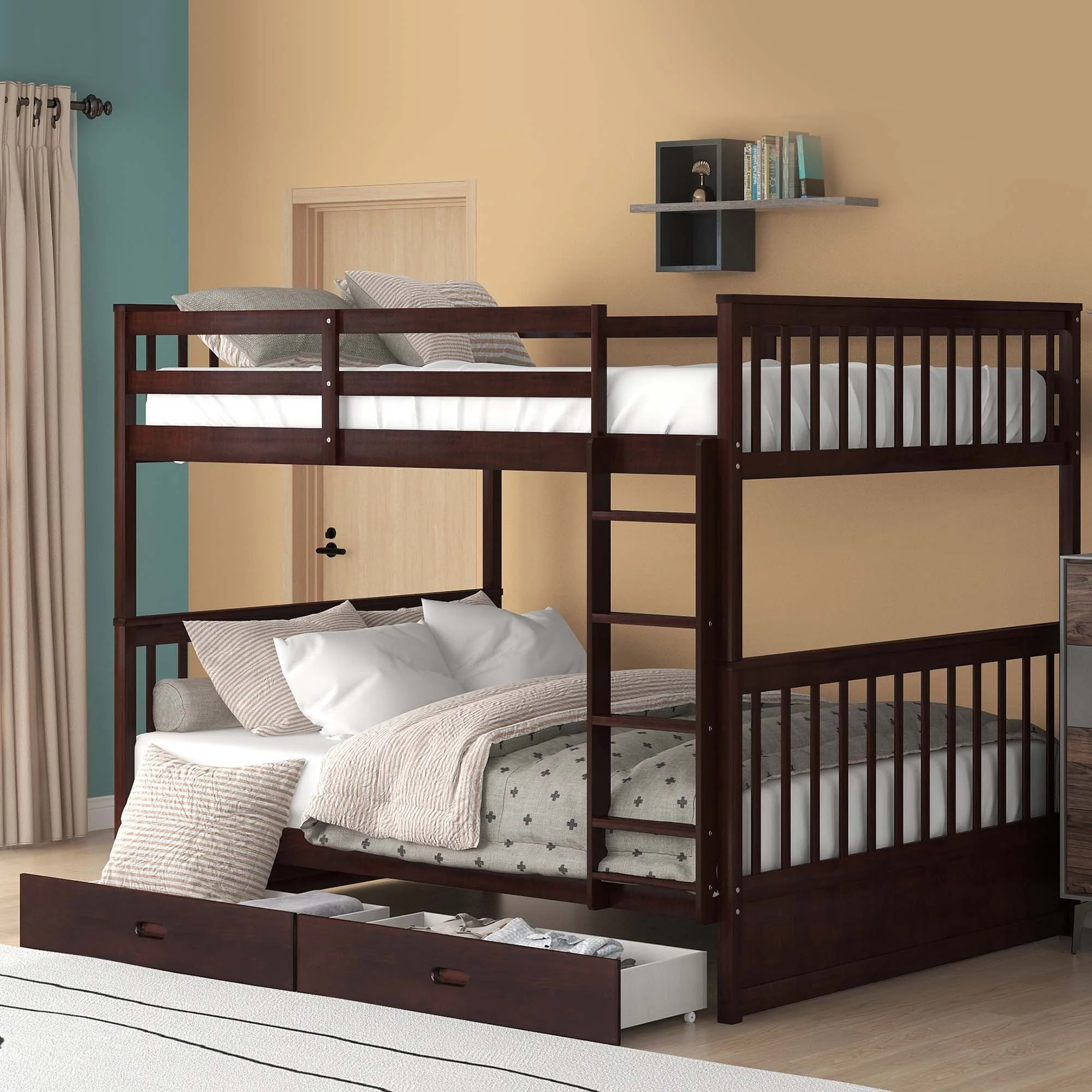 Momspeace Full over Full Bunk Bed with Ladder and 2 Drawers for Kids Adults Bedroom Furniture, Espresso