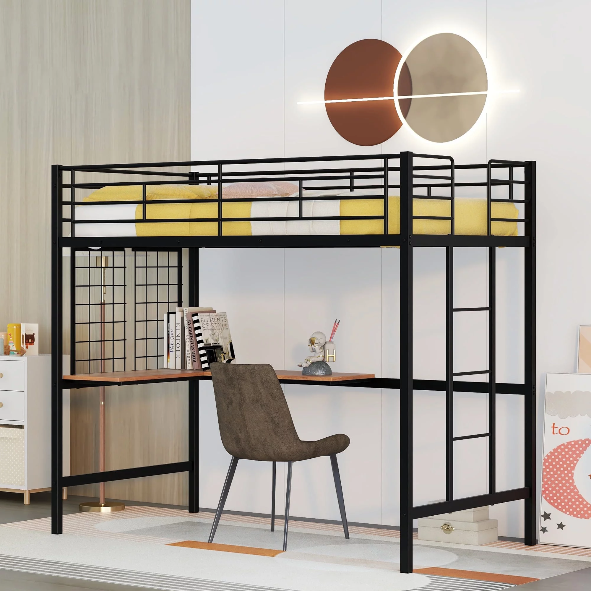 ikayaa Twin Metal Loft Bed with Desk and Metal Grid,Black
