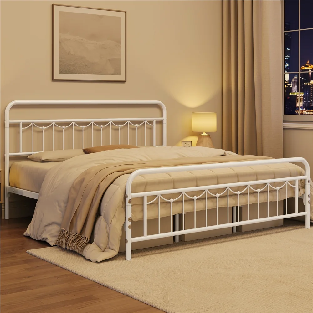 Smile Mart Metal Platform Bed with Vintage Headboard and Footboard, King, White