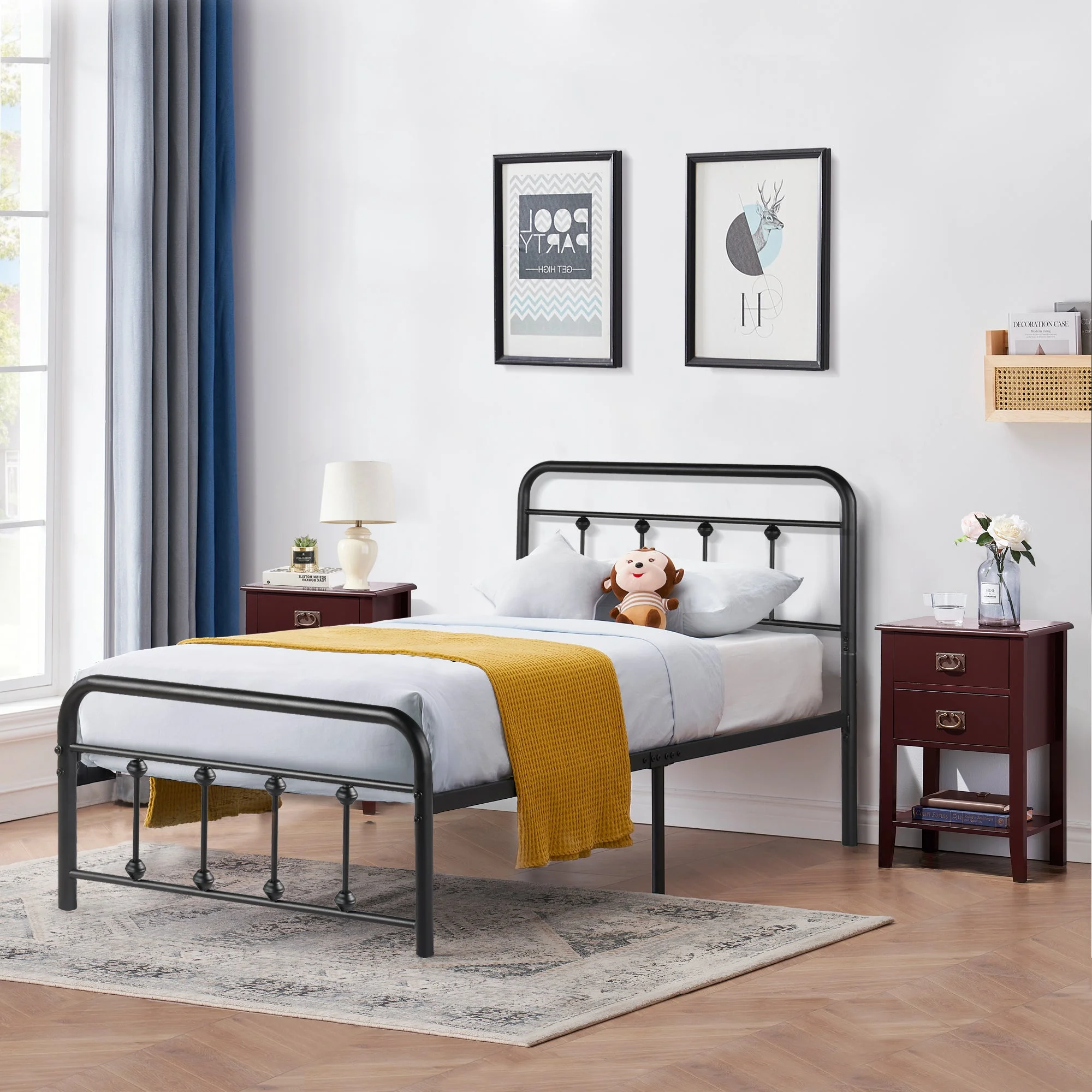 VECELO 3-Piece Bedroom Set with Twin Metal Bed Frame and 2 Red-Brown Nightstands (Set of 3)