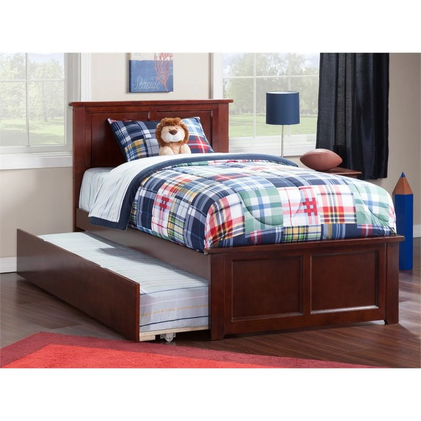 Pemberly Row Traditional Twin XL Platform Bed with Trundle in Walnut