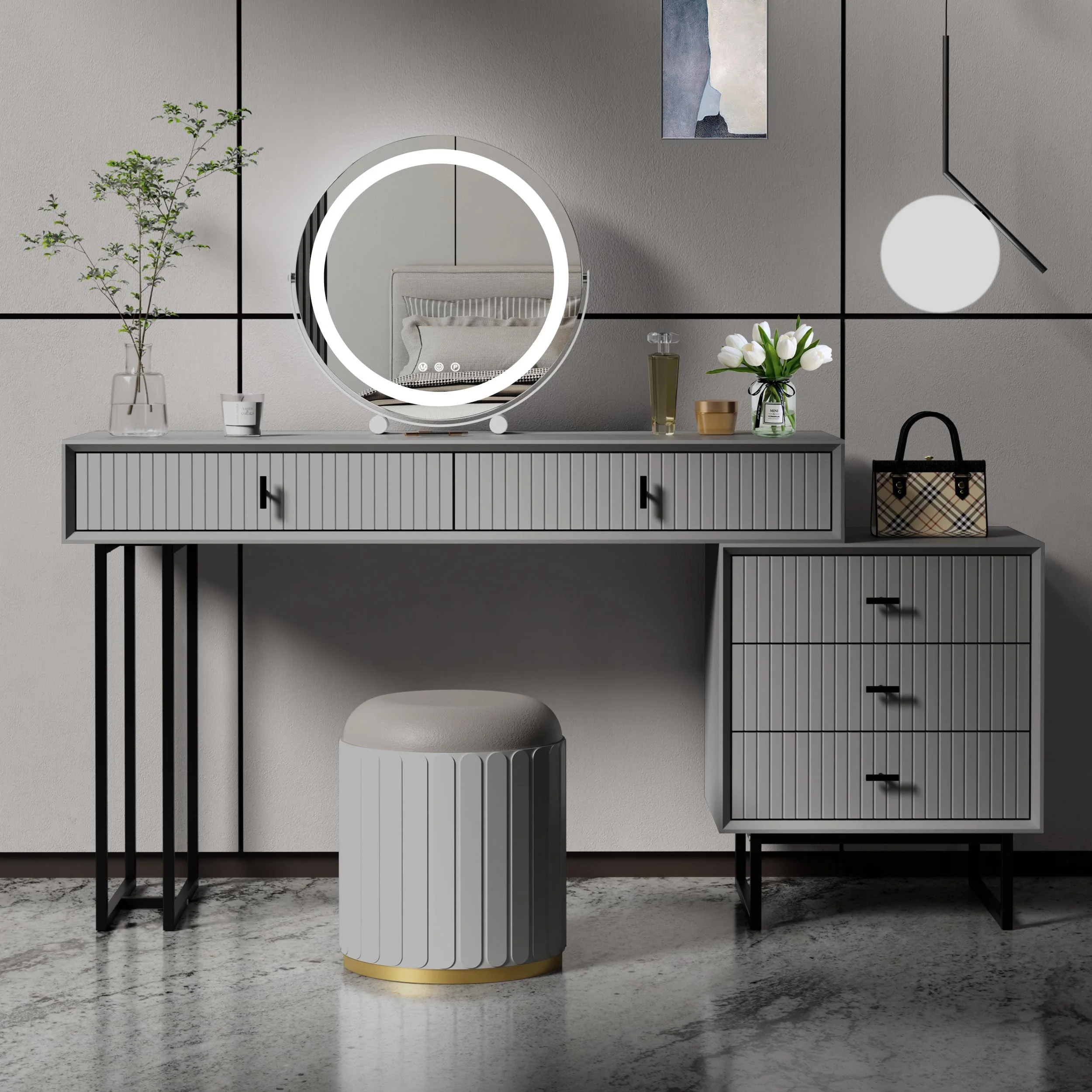 Makeup Vanity Desk Set with Drawers, Large Modern Makeup Dressing Table Bedroom Vanity Sets Storage Dresser Furniture Set, Gray