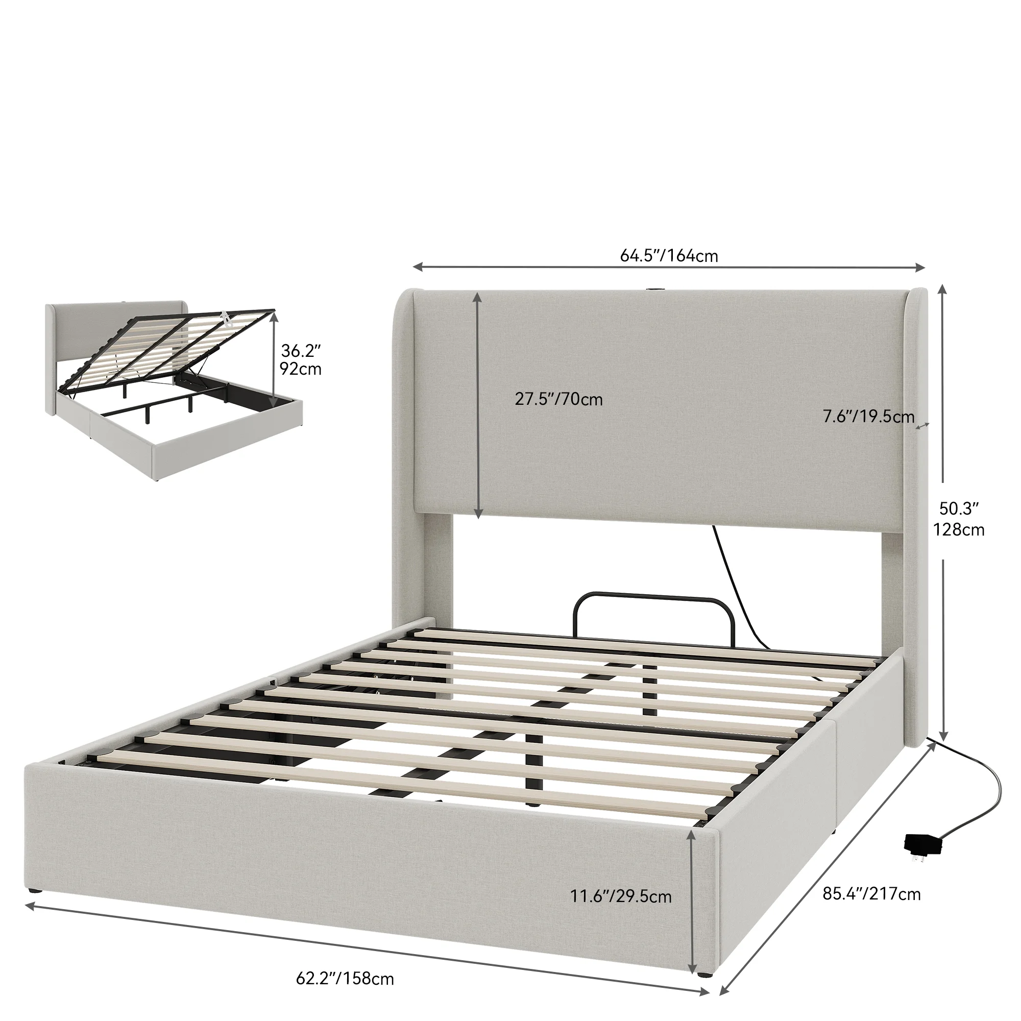 Dextrus Queen Size Lift-Up Storage Bed with Charging Station and 50.4