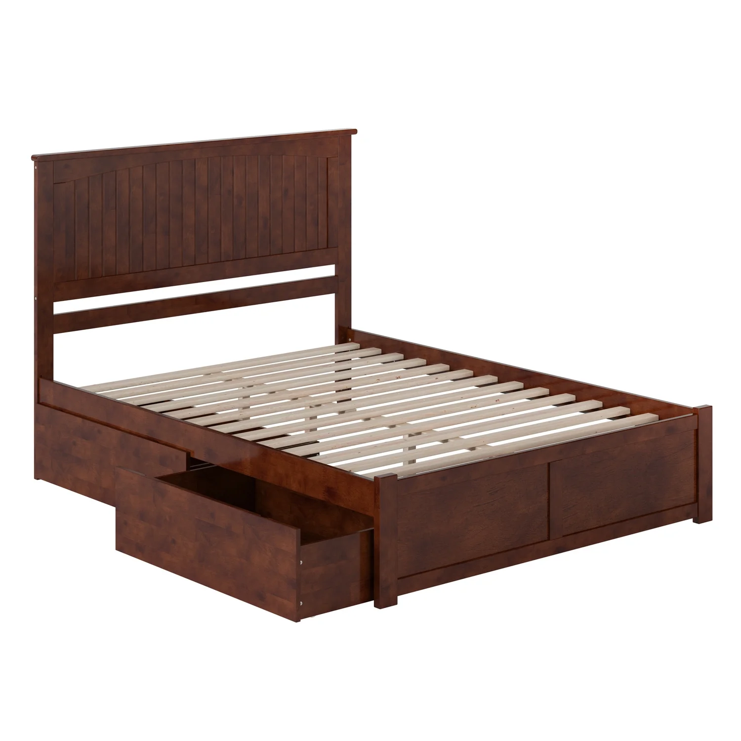 Nantucket Queen Wood Platform Bed with Footboard and Storage Drawers in Walnut