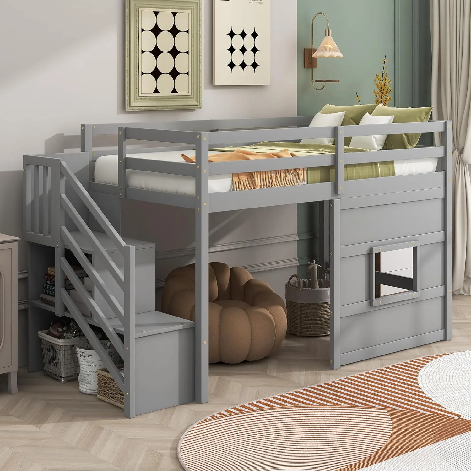 Twin Size Low Loft Bed with Stairs,Wood Loft Bed for Kids,Loft Bed Twin with Window Design, Space-Saving Twin Bed for Girls Boys,Grey
