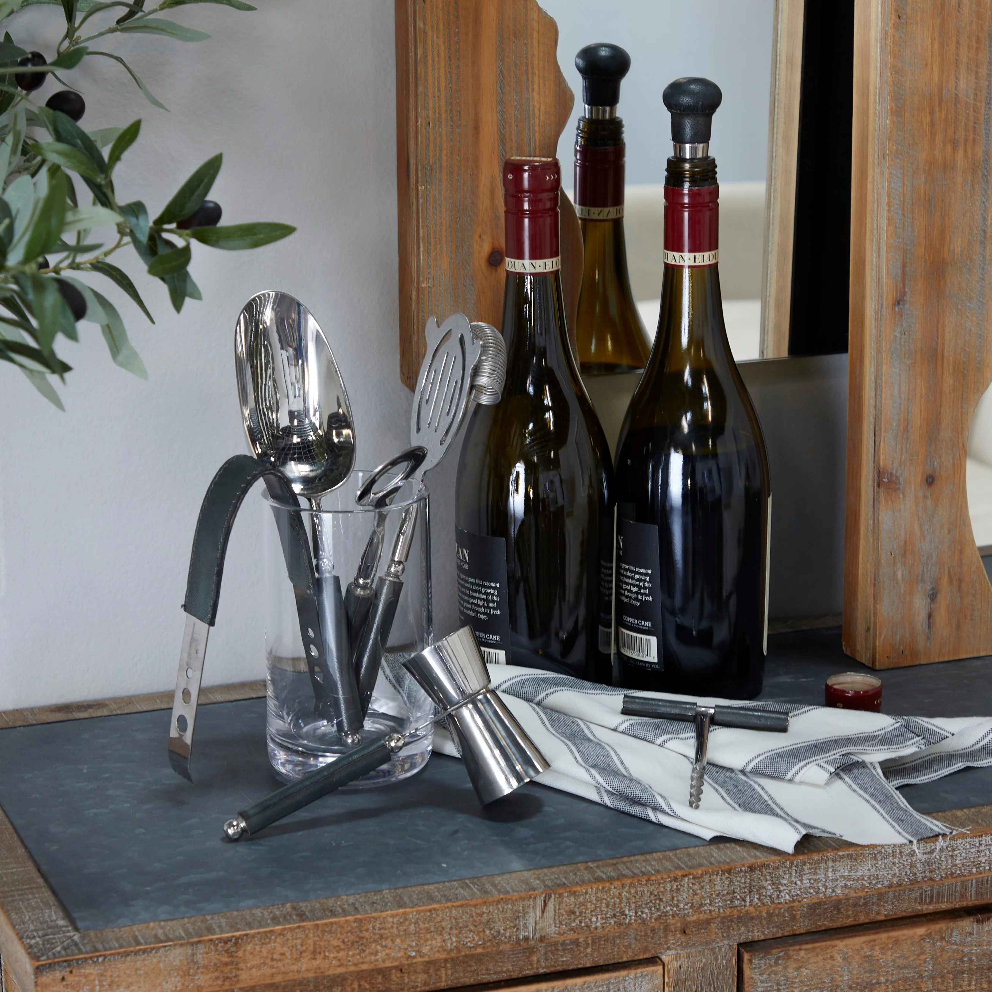 The Novogratz  Leather 7 Piece Bar Tool Set with Decorative Box - 9 x 11 x 3 Brown