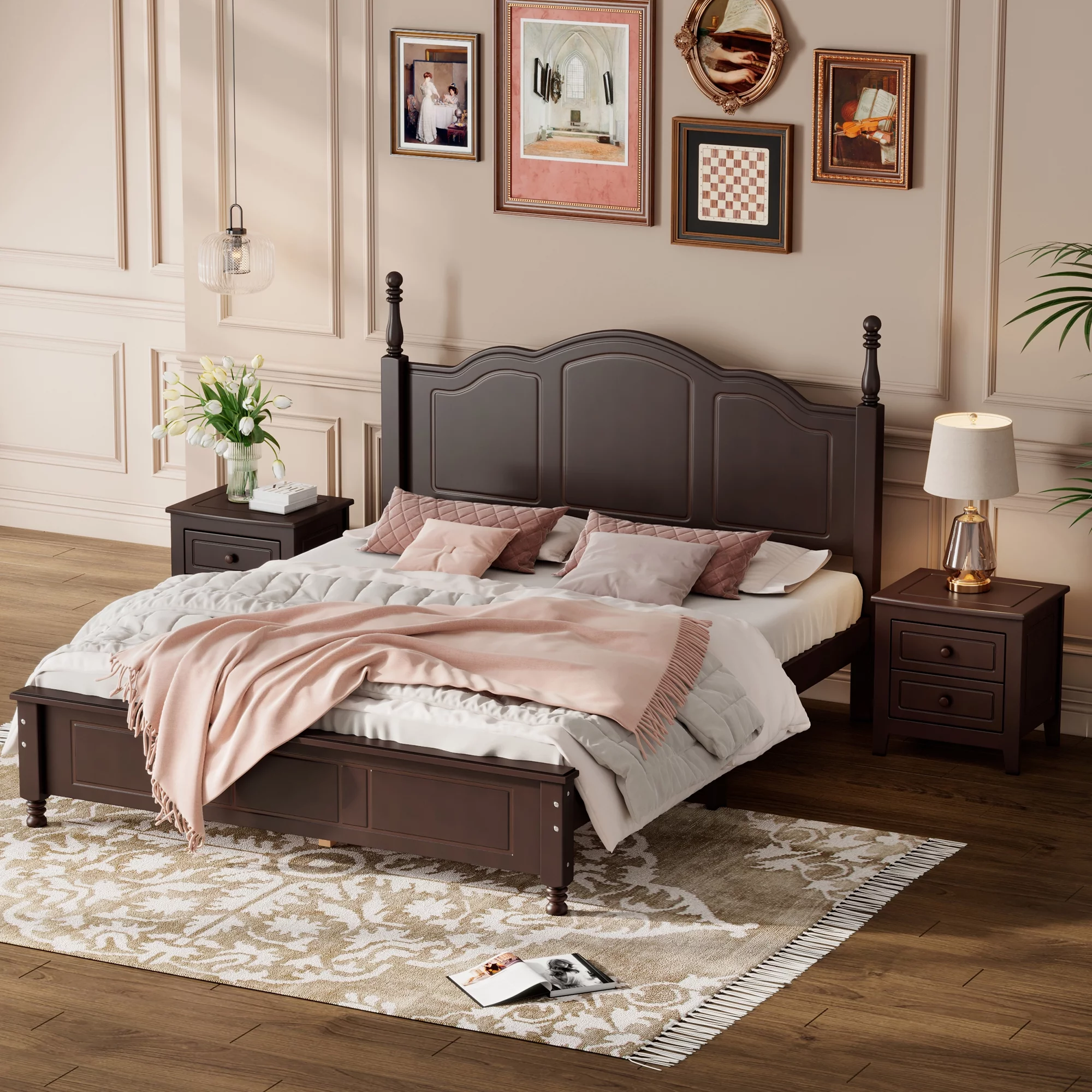 CoSoTower 3-Pieces Bedroom Sets,Queen Size Wood Platform Bed and Two Nightstands-Dark Walnut