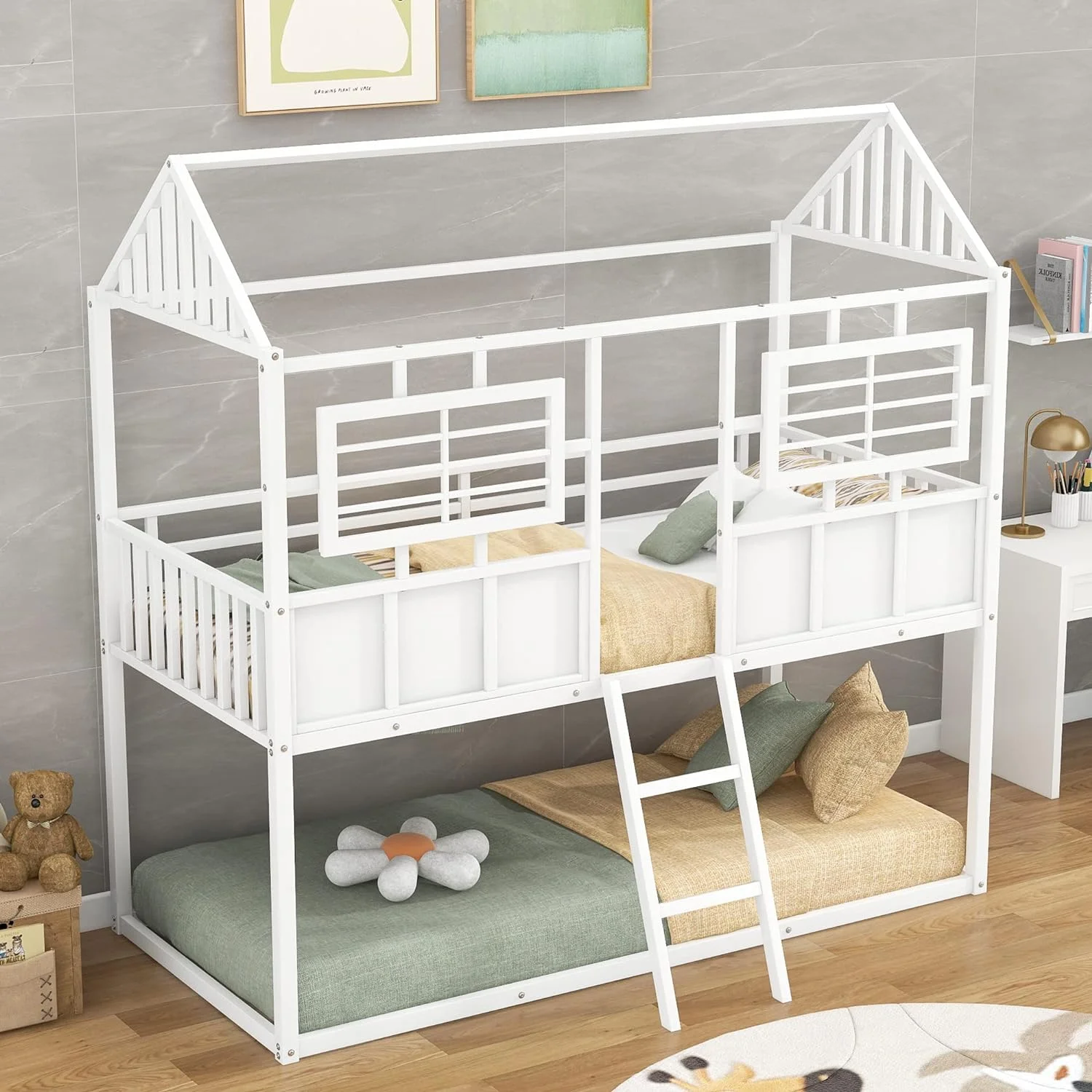 House Buk Bed Over Low Buk Bed Metal Frame With Roof Ad Fece-Shaped Guardrail, For Kids Tees Girls Boys (White)