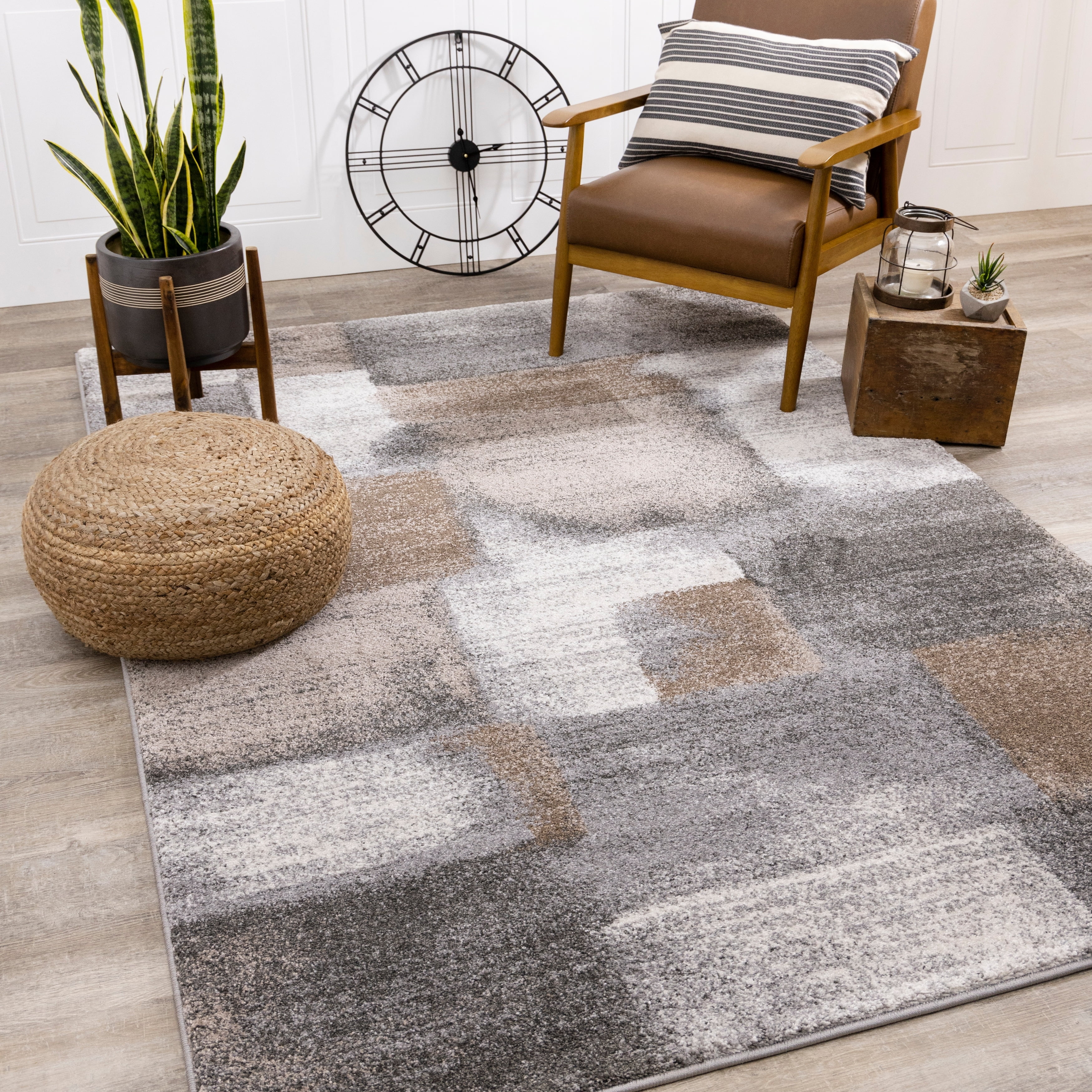 Brookfield Collection - Plush Brown/Grey Simple Patches Area Rug Brown/Beige/Grey/Cream 2'0