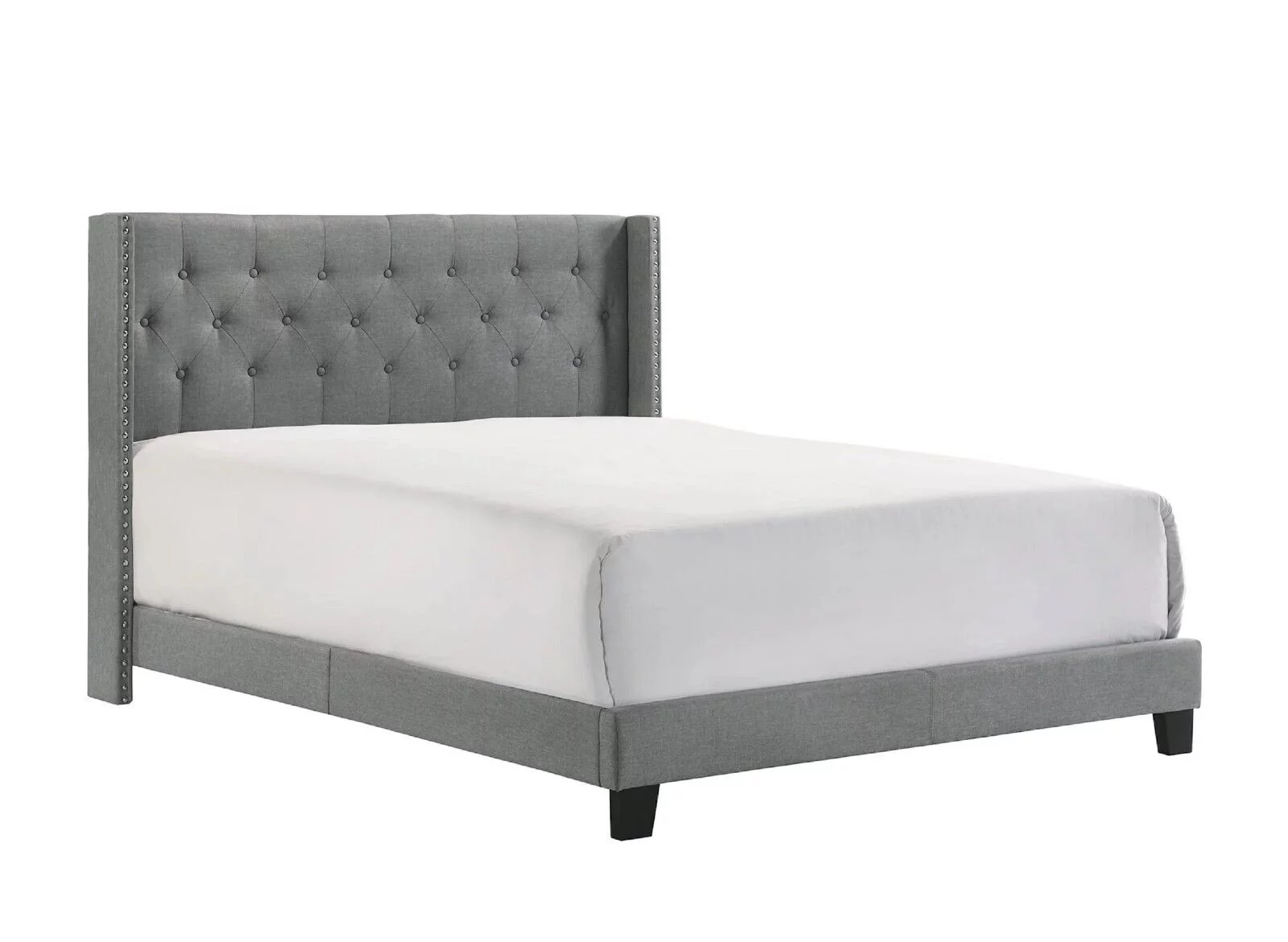 3pc Gray Full Size Fabric Upholstered Panel Bed 2x Nightstand Set Bedroom Furniture