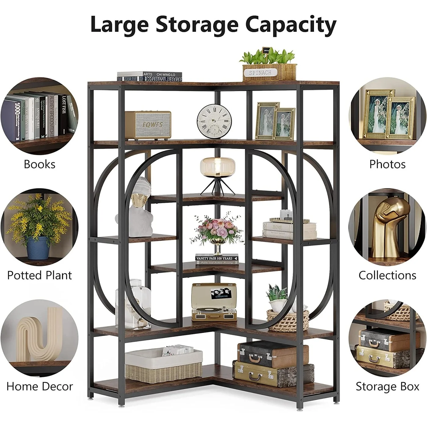 L-Shaped Corner Bookshelf, 7-Shelf Bookcase with Storage for Living Room Brown