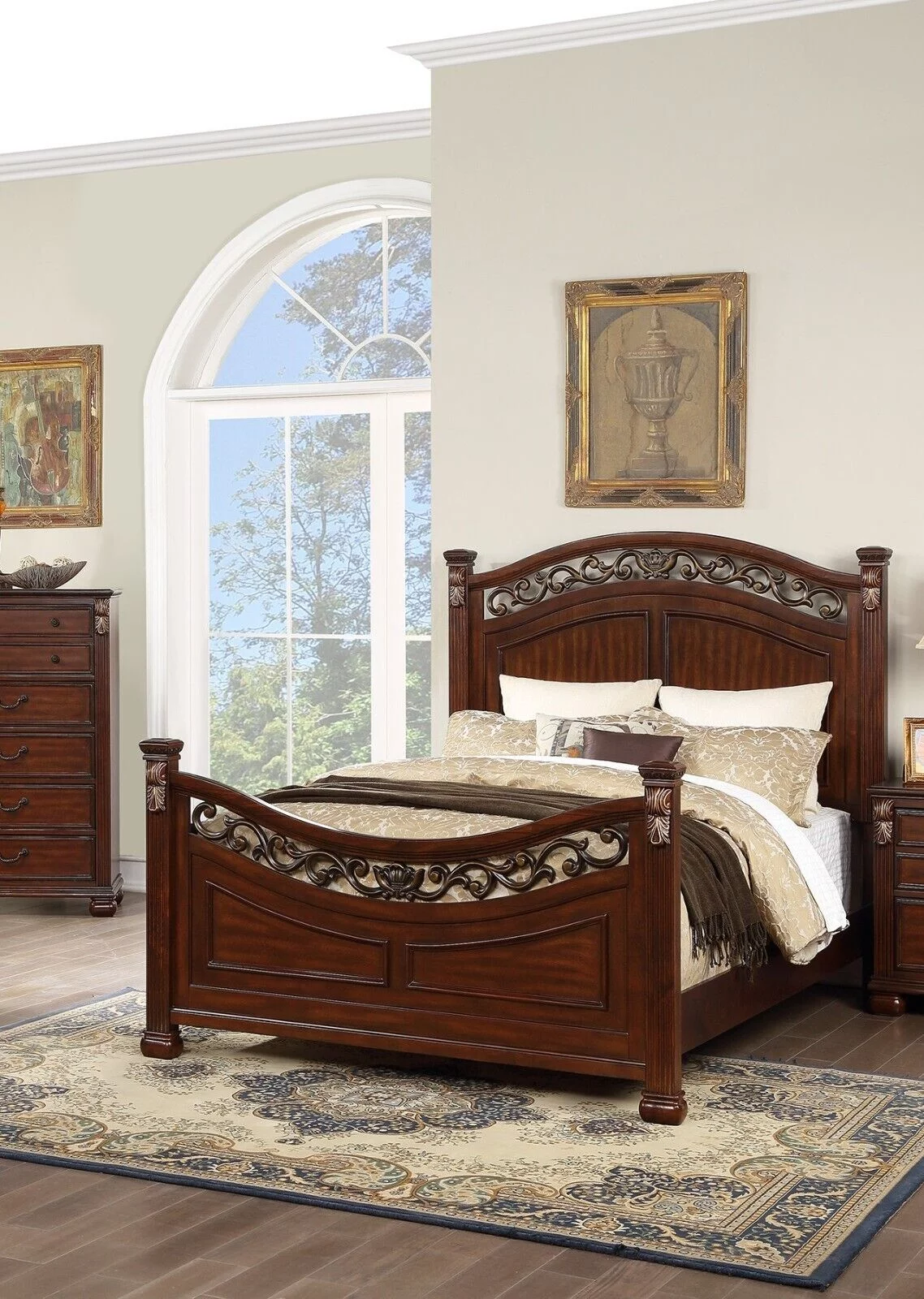 Traditional 1pc Bed Gorgeous Classic Brown Finish Cal King Size Bed Floral Design Headboard Footboard Bedroom Furniture