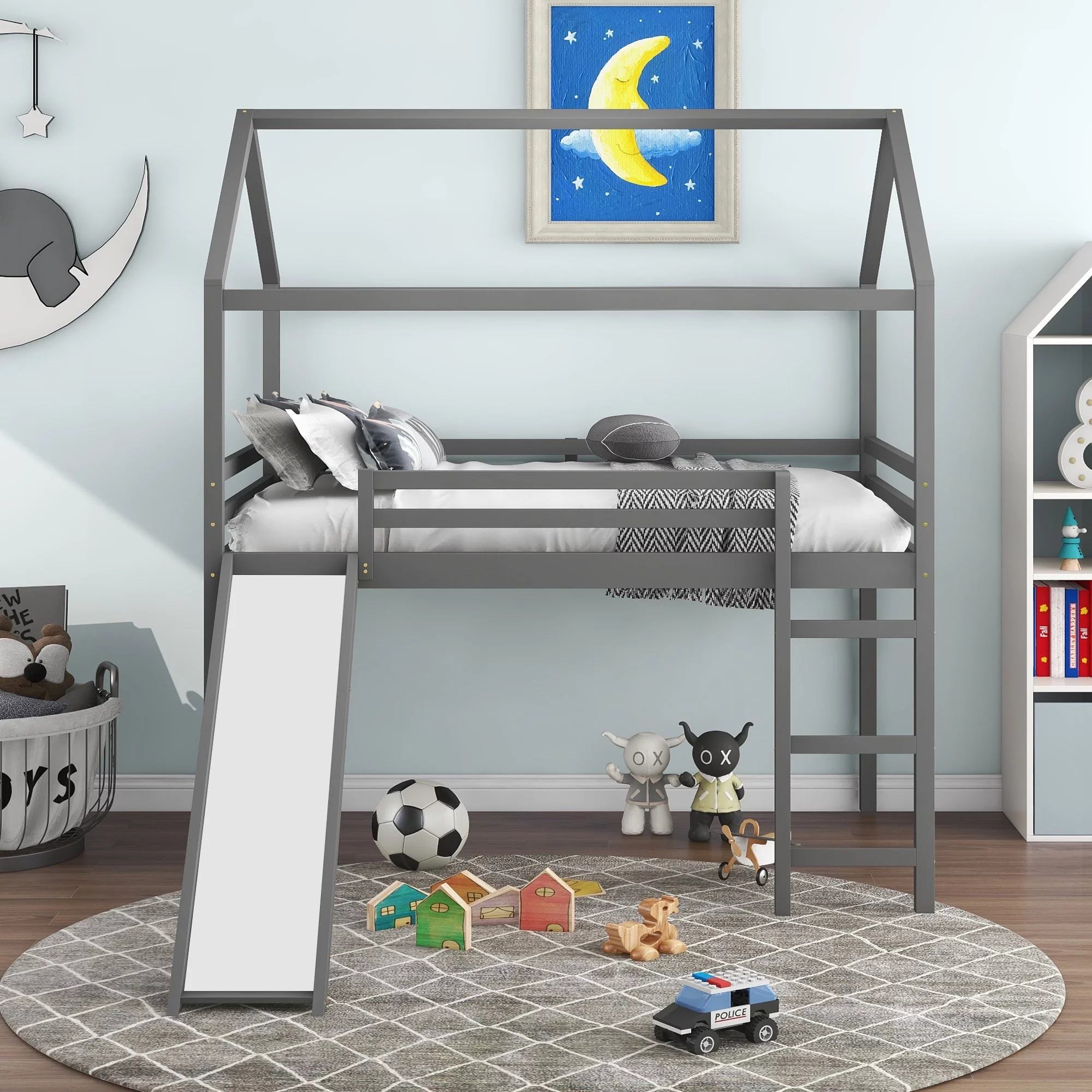 Home Adores, Inc. Ally Full Size Loft House Bed with Slide Grey