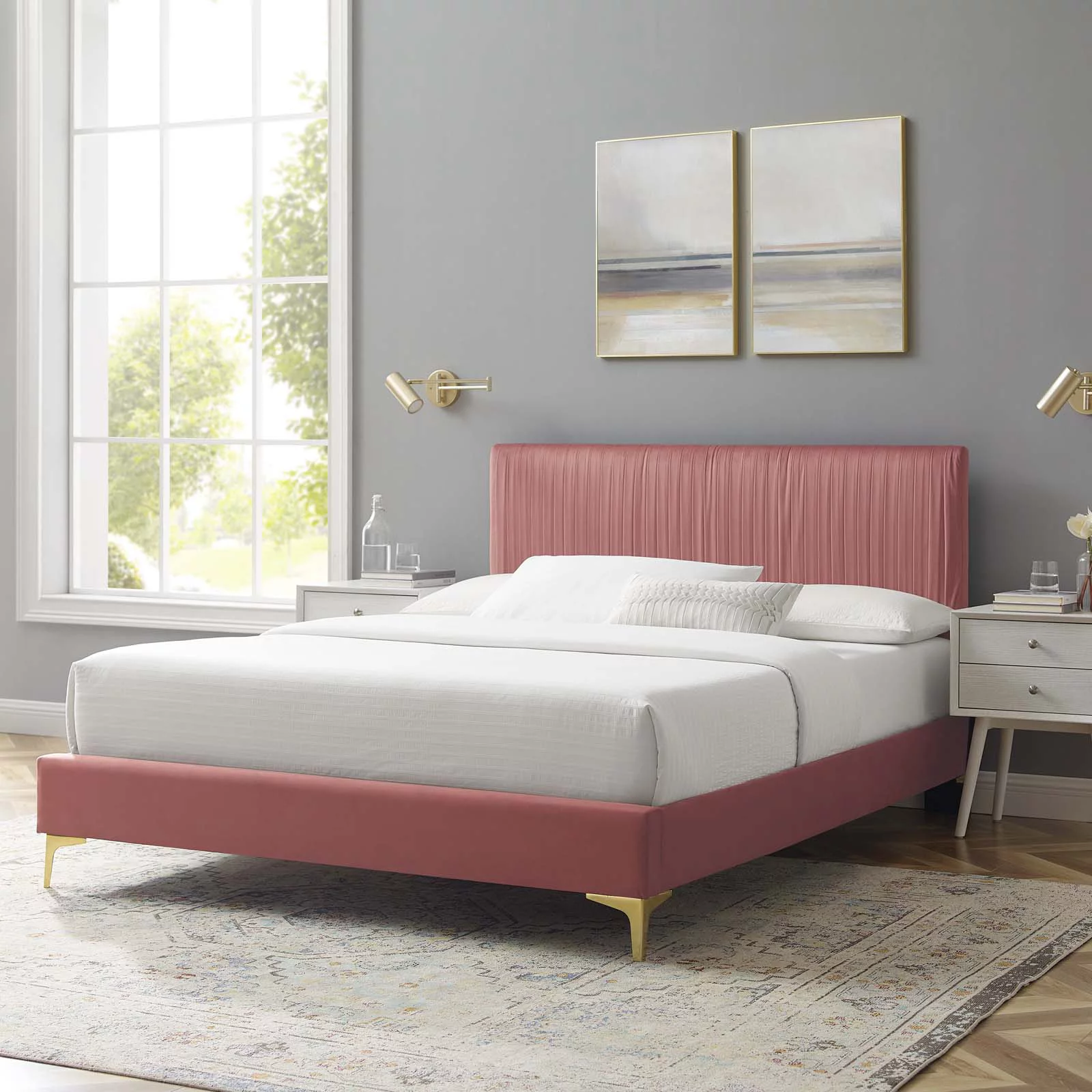 Platform Bed Frame, Queen Size, Velvet, Pink, Modern Contemporary Urban Design, Bedroom Master Guest Suite