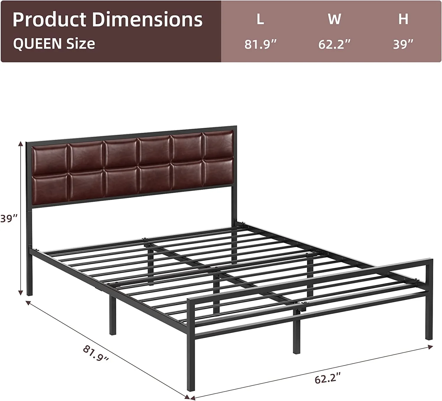 WhizMax Queen Size Bed Frame, Faux Leather Platform Bed Frame with Upholstered Square Stitched Headboard, Metal Bed Frame with Steel Slats Support, Box Spring Optional, Easy Assembly, Red Brown