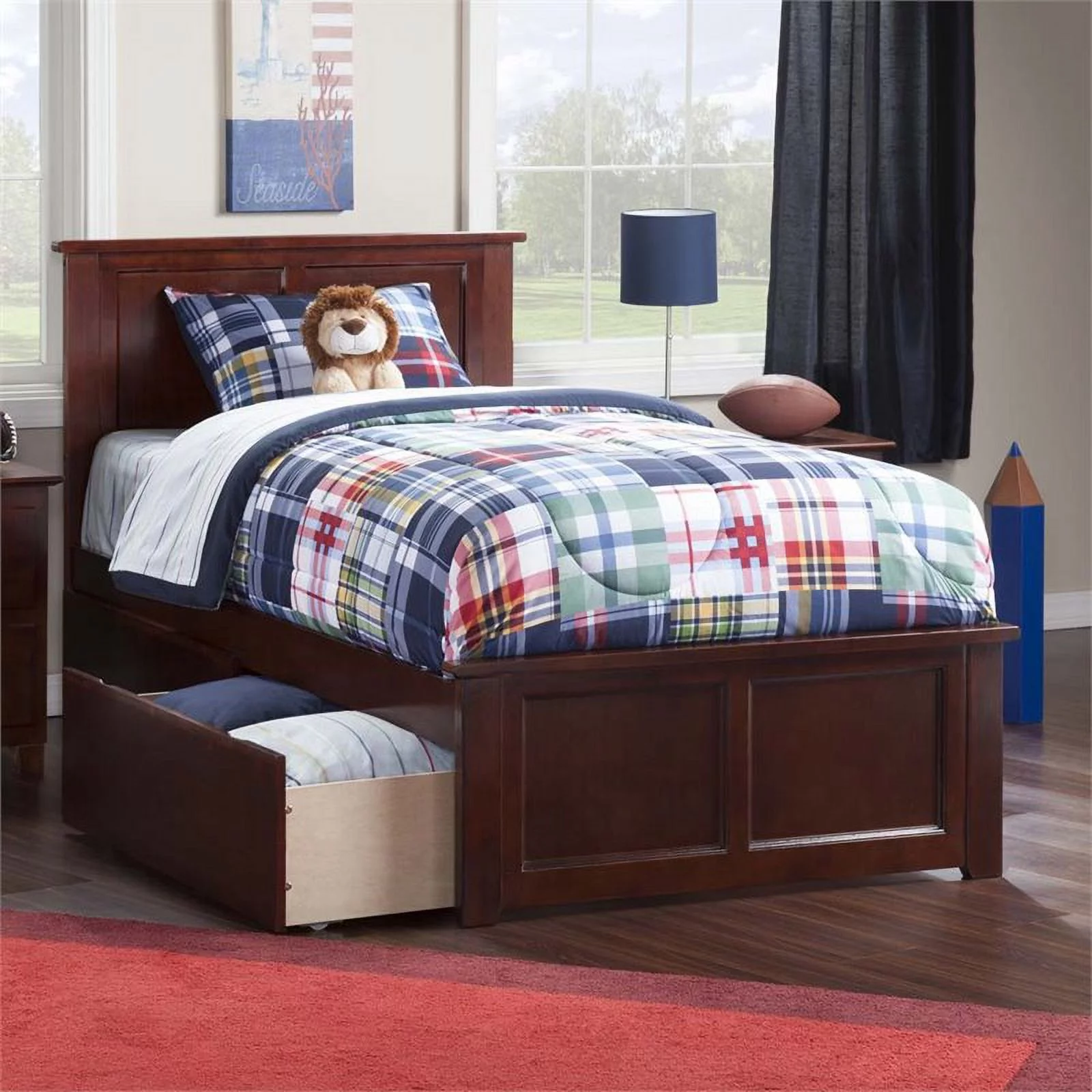 Leo & Lacey Farmhouse Solid Wood Twin XL Storage Platform Bed in Walnut
