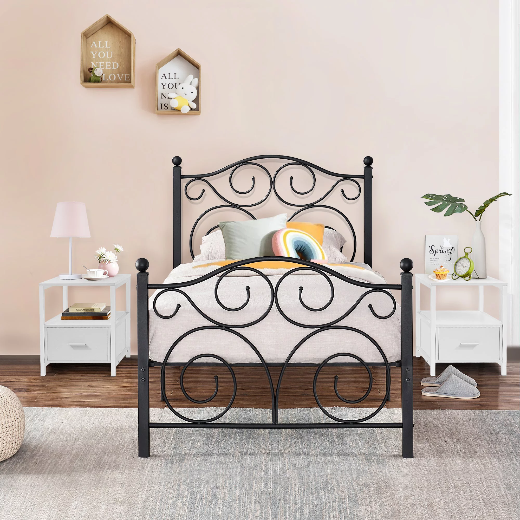 VECELO 3-piece Bedroom Set, Metal Platform Bed Frame and 2 Nightstand, Twin Size