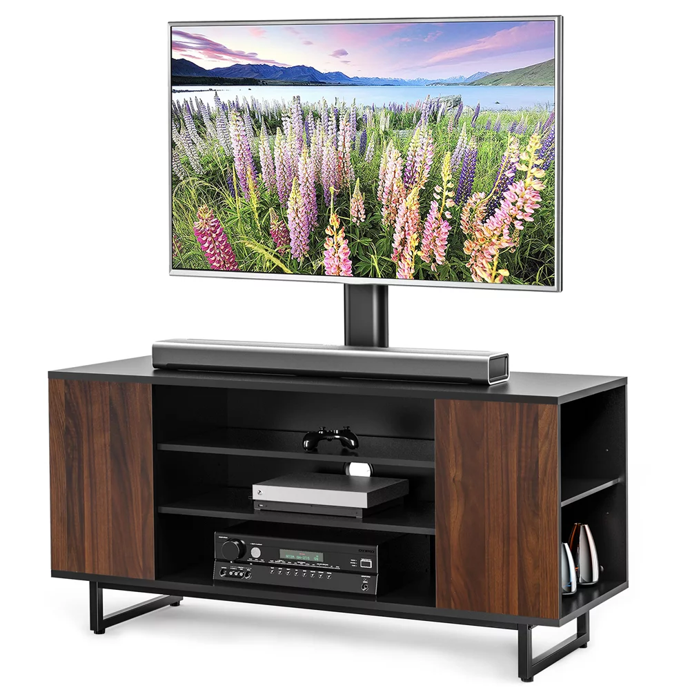 FITUEYES 3-Tiers Floor Wood TV Stand Media Console with Mount Base for 32 to 70 inches Flat Screen Industrial Metal Leg TW310601MB