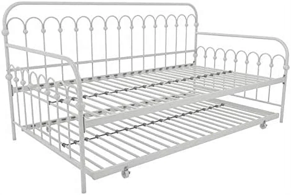 Bright Pop Twin Metal Daybed and Trundle, Stylish & Multifunctional, Built-in Casters, White