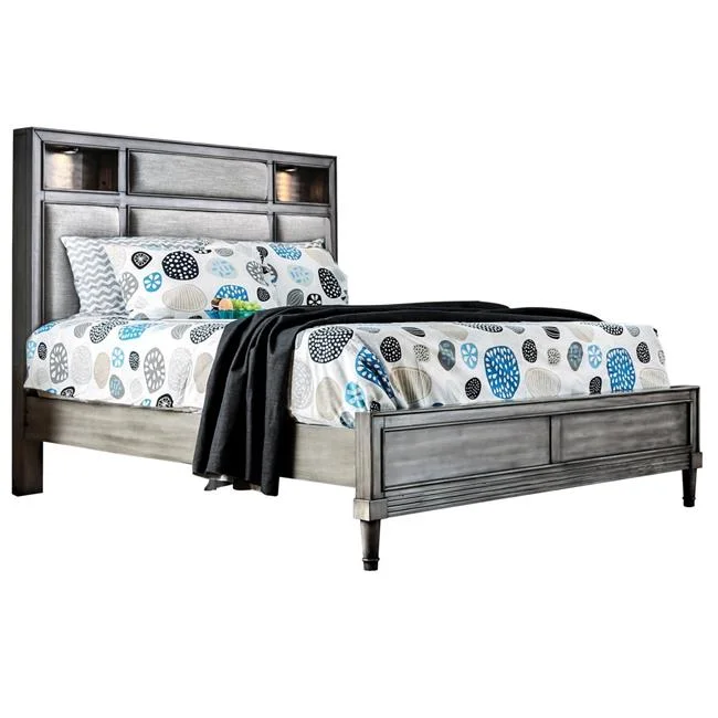 Benjara BM214065 Wooden California King Size Bed with Padded Headboard & LED Lights - Gray