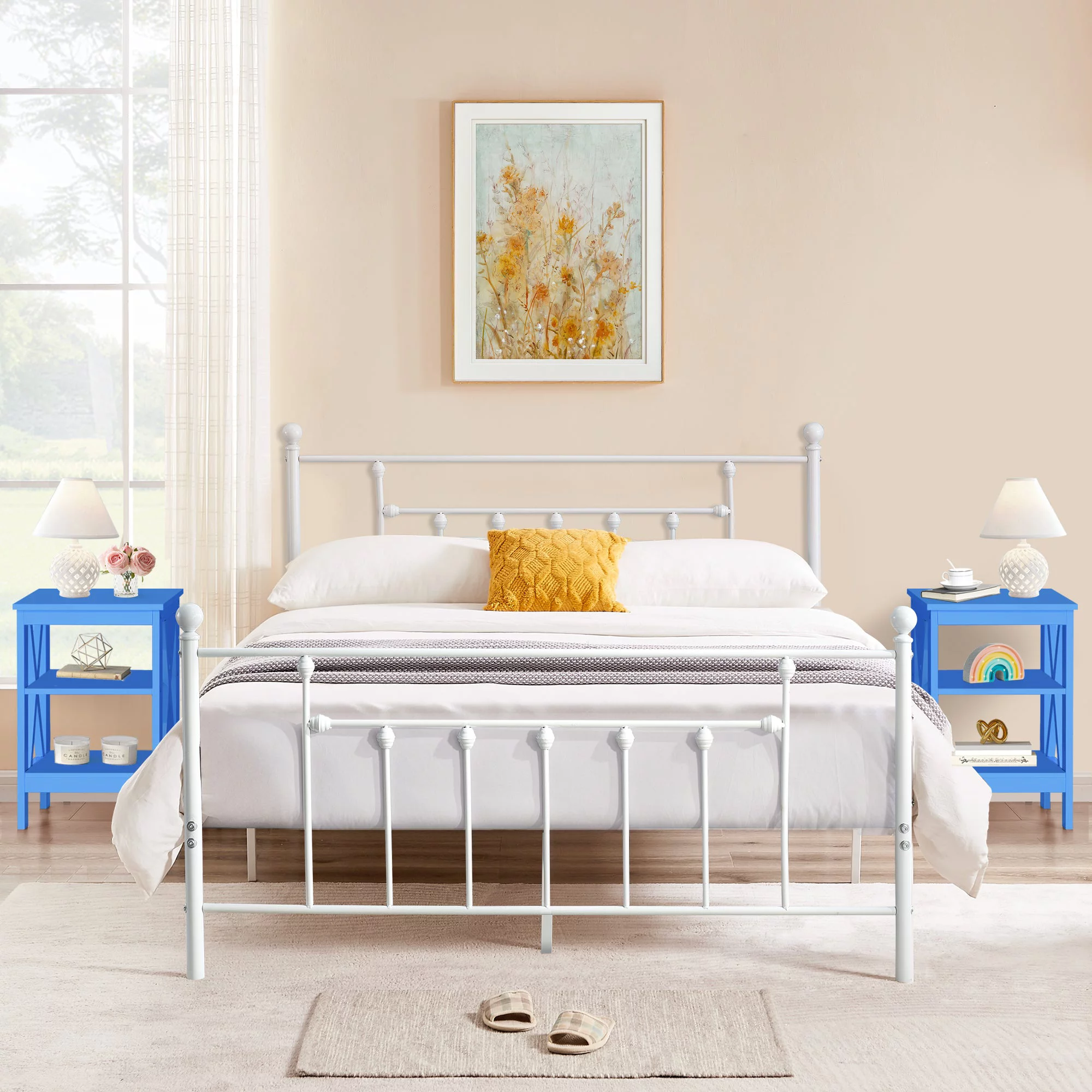 VECELO 3-Piece Bedroom Set with 1 Metal Bed Frame and 2 Blue Nightstand, Full Size