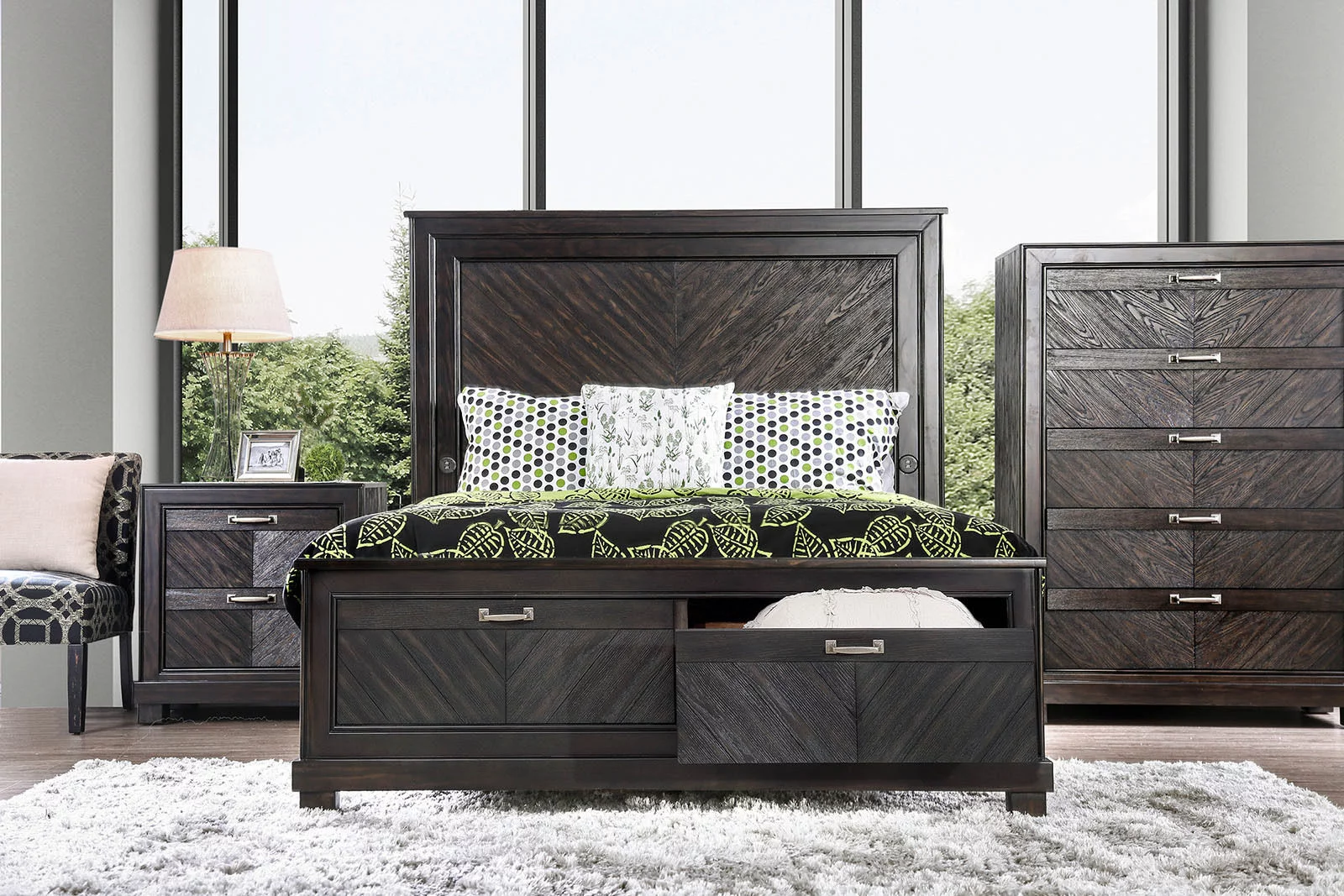Transitional Look Espresso Solid wood California King Size Bed 1pc Plank Design High HB Drawers FB Bedroom Furniture Veneers