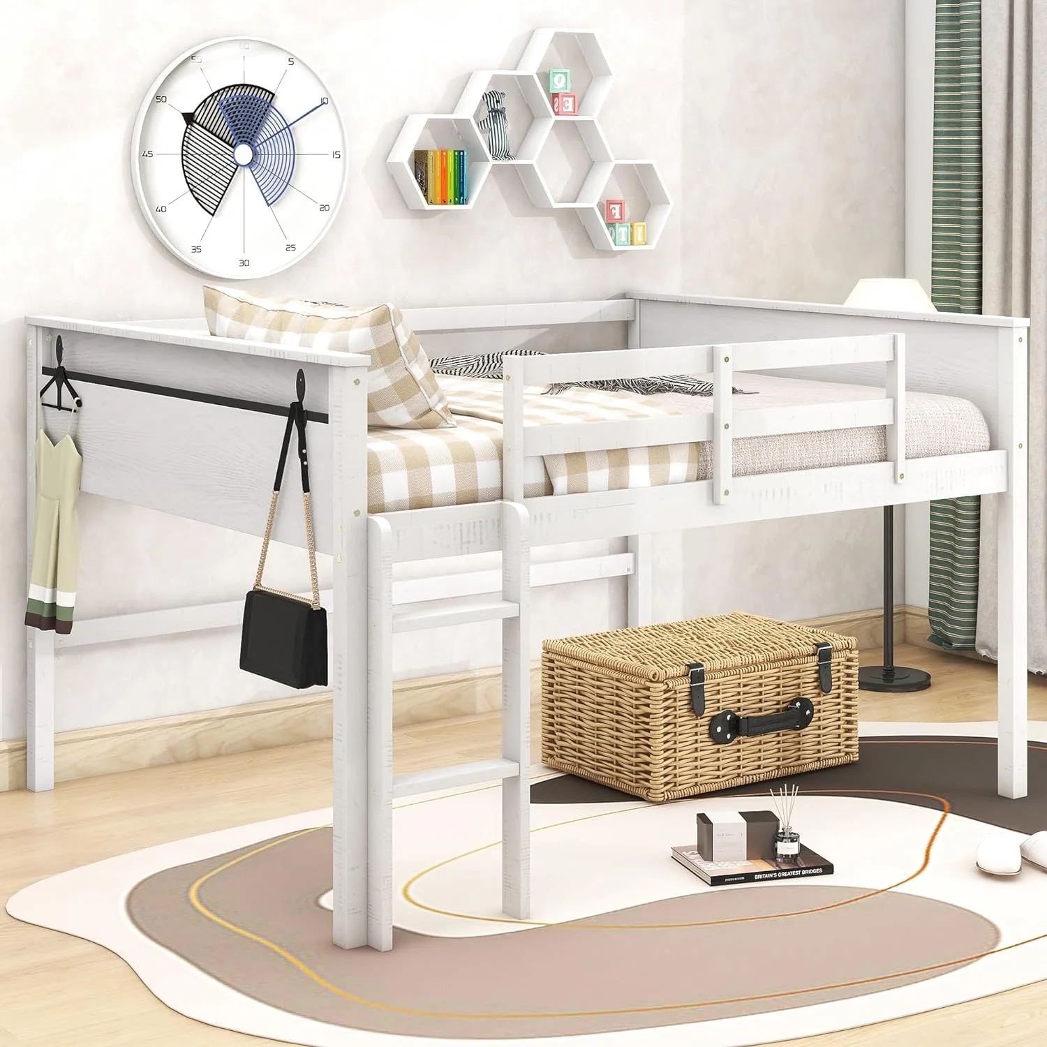 Low Lof Bed Full Size, Full Lof Bed Frame Wih Hagig Clohes Racks,Ladder Ad Safey Guardrails, Wood Lof Bed Full For Kids, Girls Boys, Whie