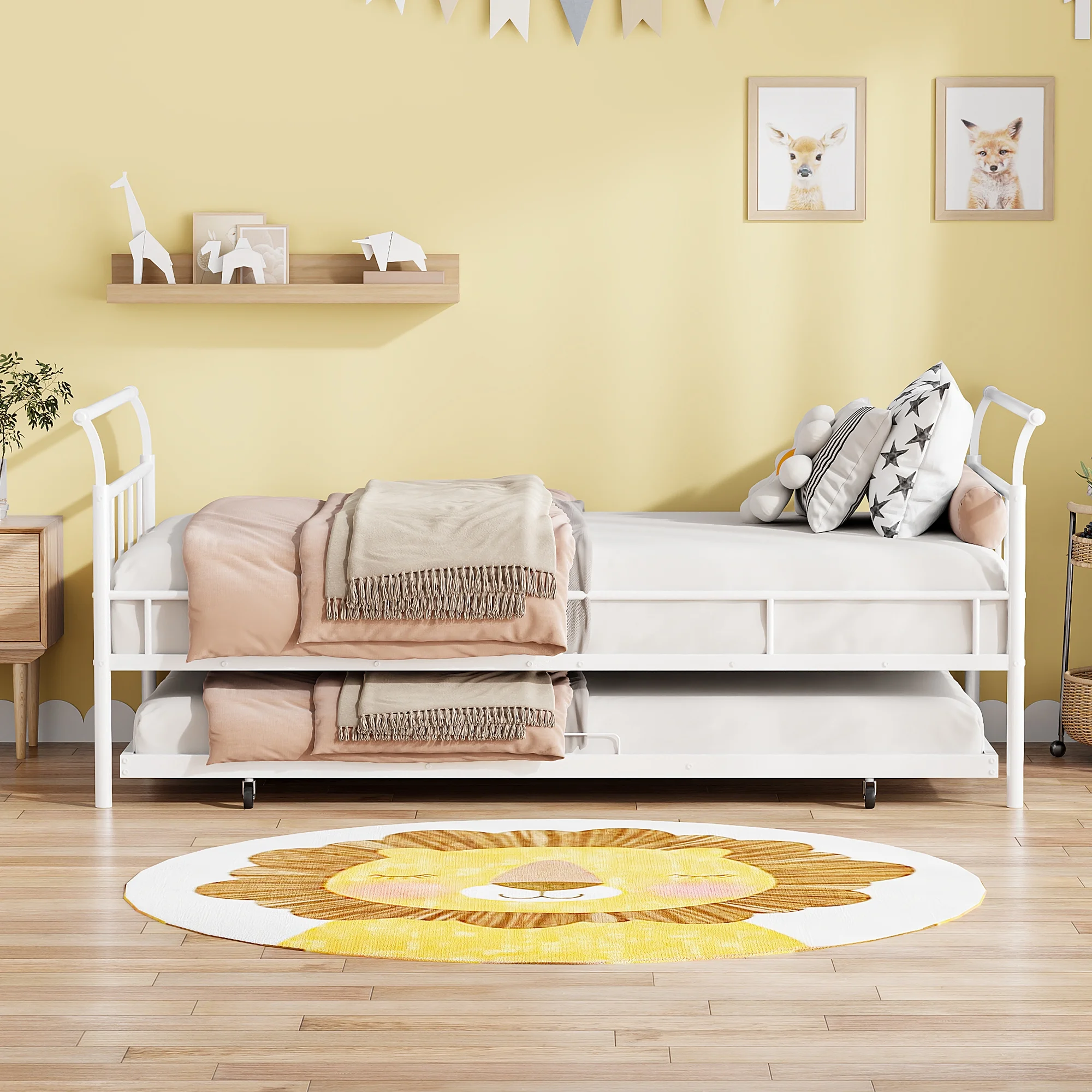 Metal Daybed with Curved Handle Design and Twin Size Trundle - Stylish and Functional Twin Bed Set in White [Bed Bath & Beyond]