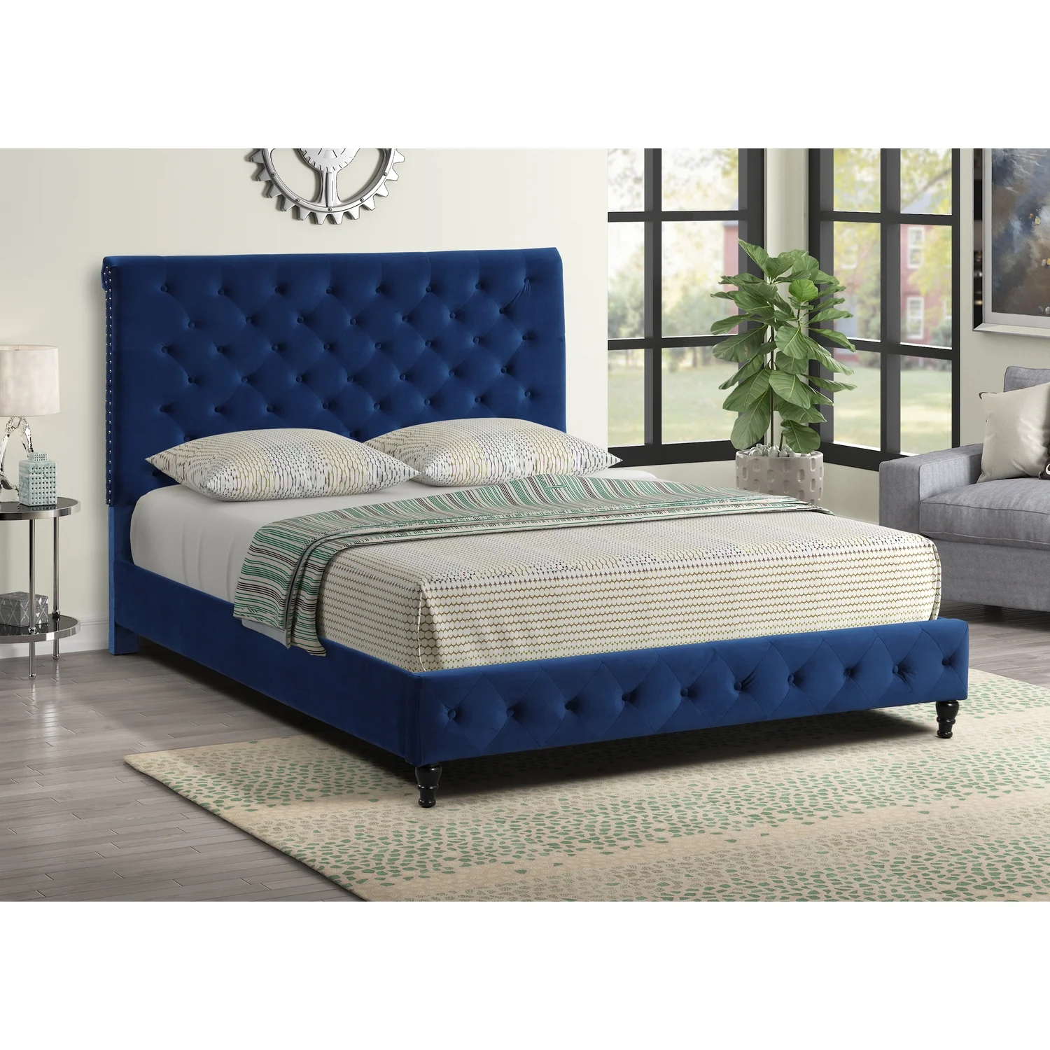 Ashley Tufted Velvet Fabric King Platform Bed in Blue