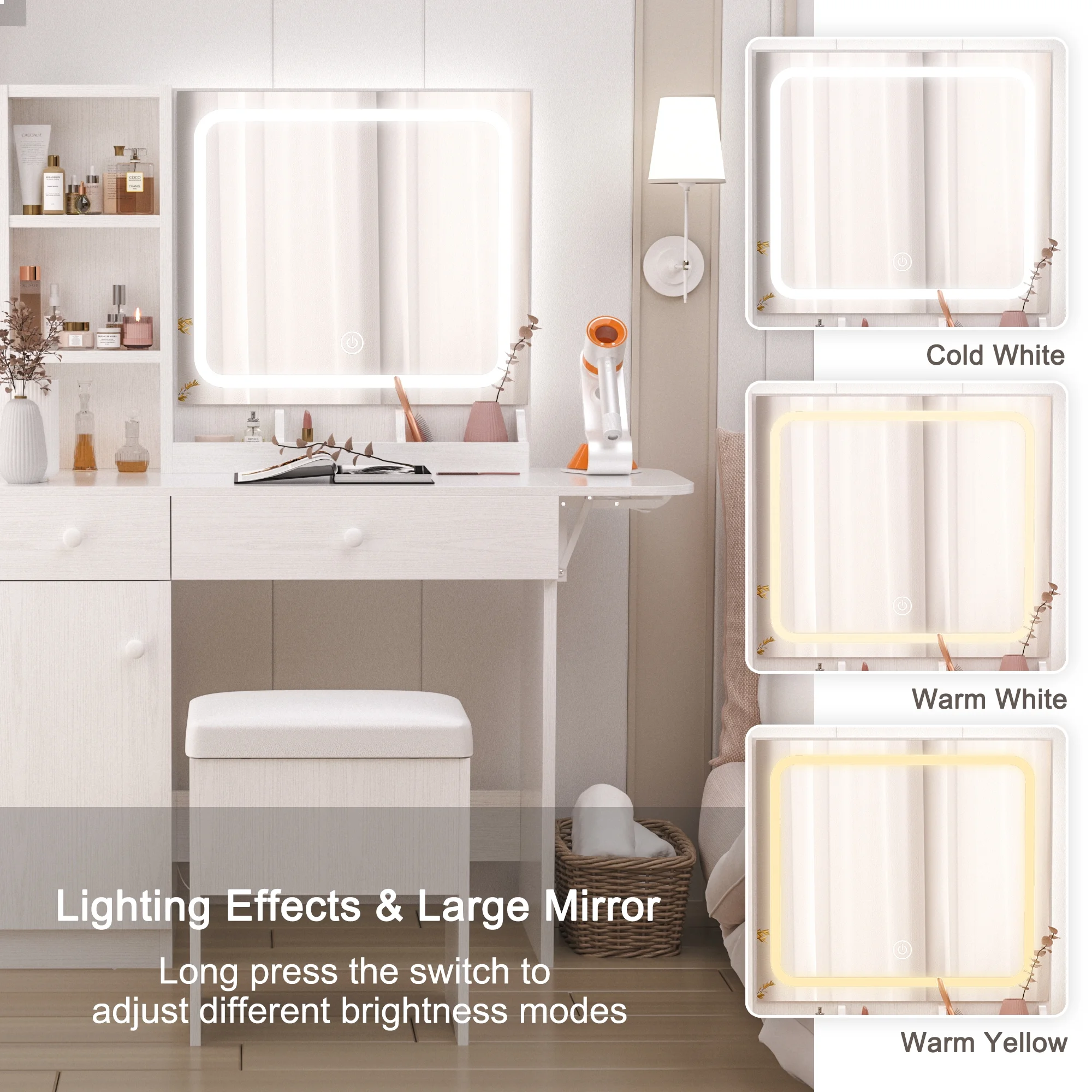IRONCK Vanity Desk with LED Lighted Mirror & Power Outlet, Makeup Table with Drawers & Cabinet,Storage Stool,for Bedroom, White