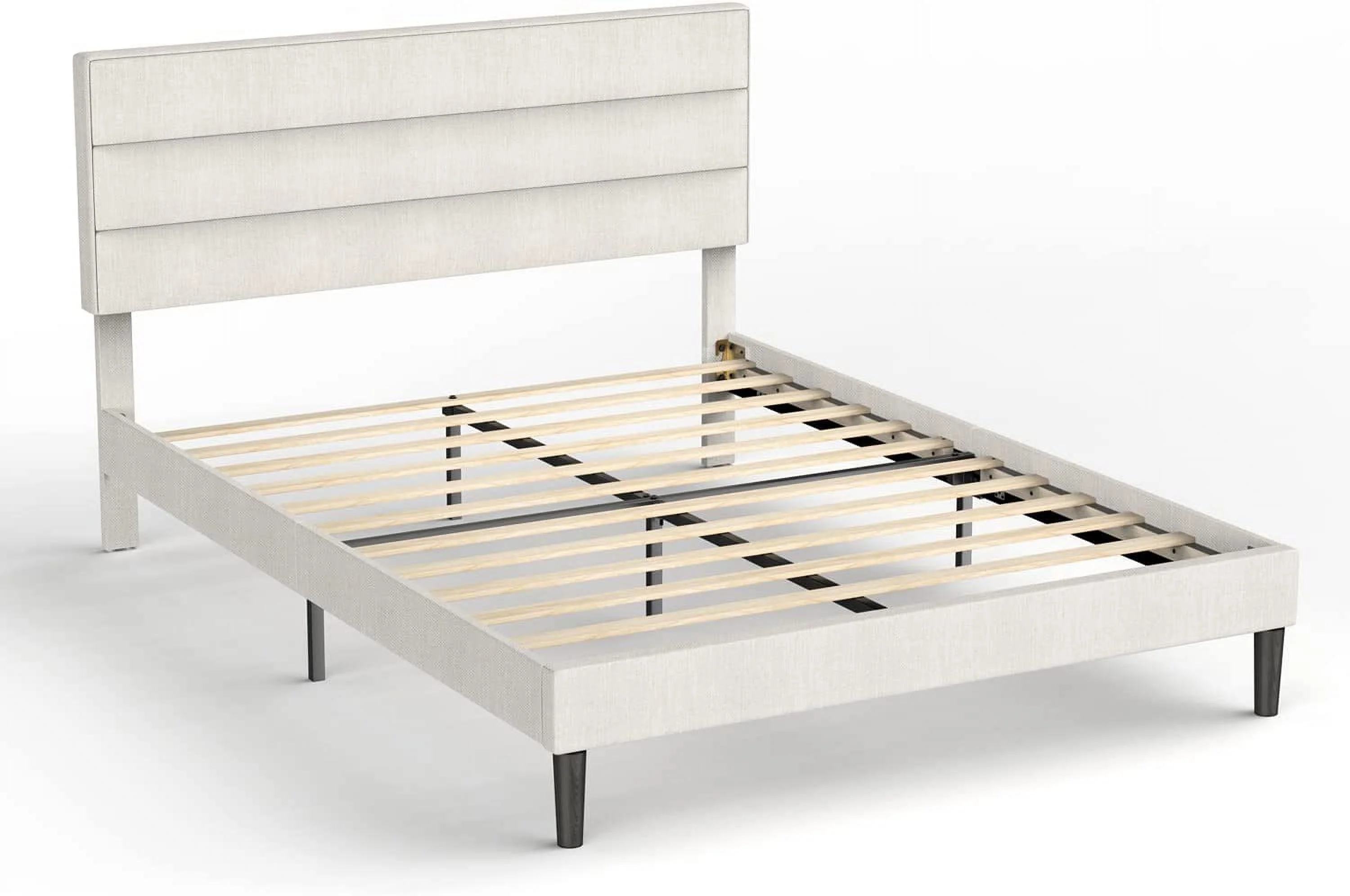 Bonsoir Queen Size Modern Horizontal Panel Upholstered Low Profile Platform Bed Frame With Tufted Headboard/No Box Spring Needed/No Bed Skirt Needed/Linen Fabric Upholstery/Beige
