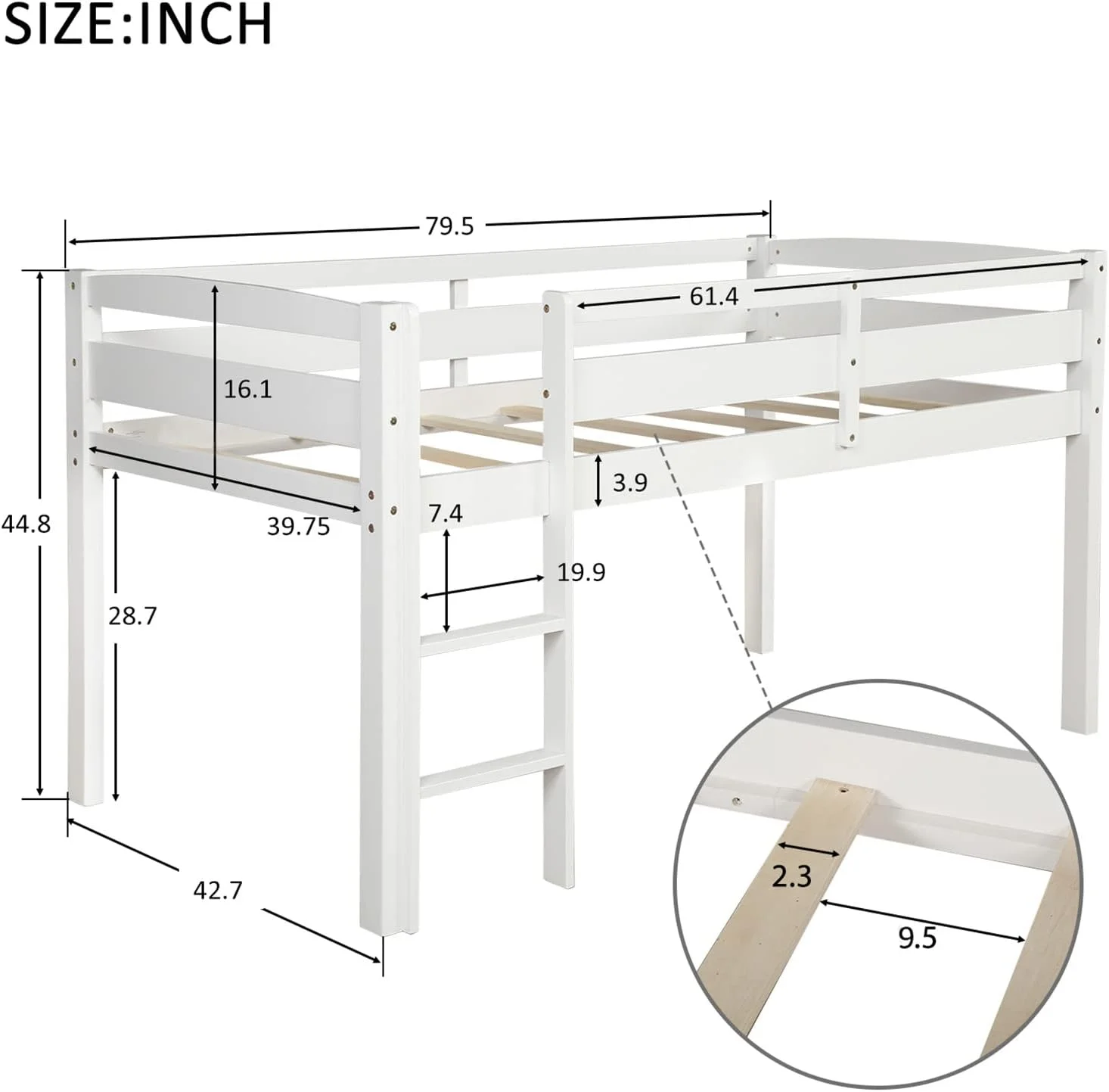 Bellemve Low Loft Bed Size Wooden Loft Bed Frame With Ladder For Kids Girls Boys Teens, White