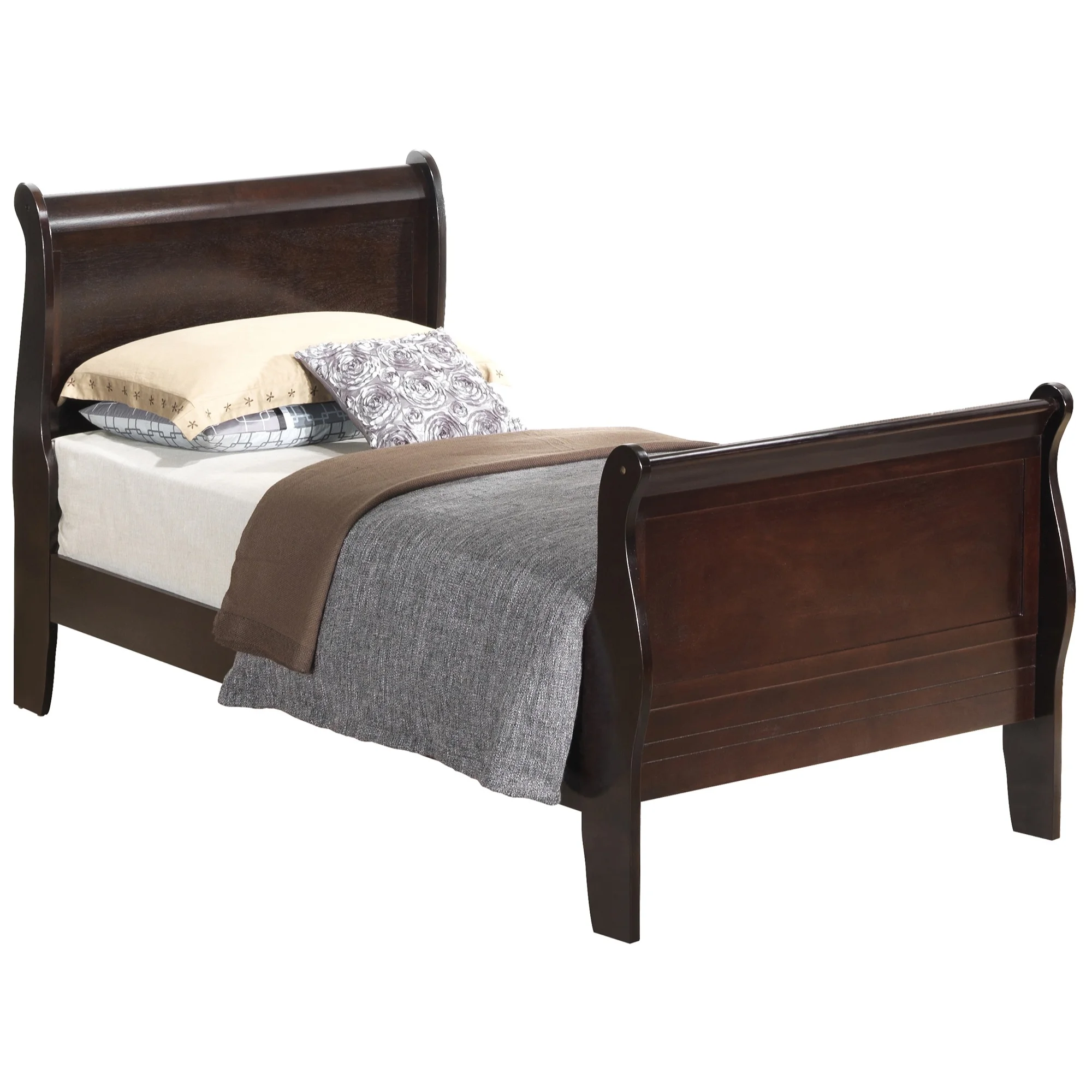 Passion Furniture Louis Philippe Cappuccino Twin Sleigh Bed with Headboard and Footboard
