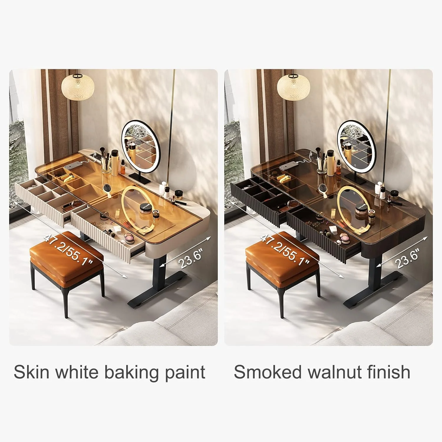 Vanity Table with Stool,Dressing Table,Electric Lift Vanity Desk,Dresser Desk,Vanity Set，Up and Down Desk, Standing Desk with Drawer Charging USB Port, Height Adjustable (Colour : Black, 55.1 Inches)