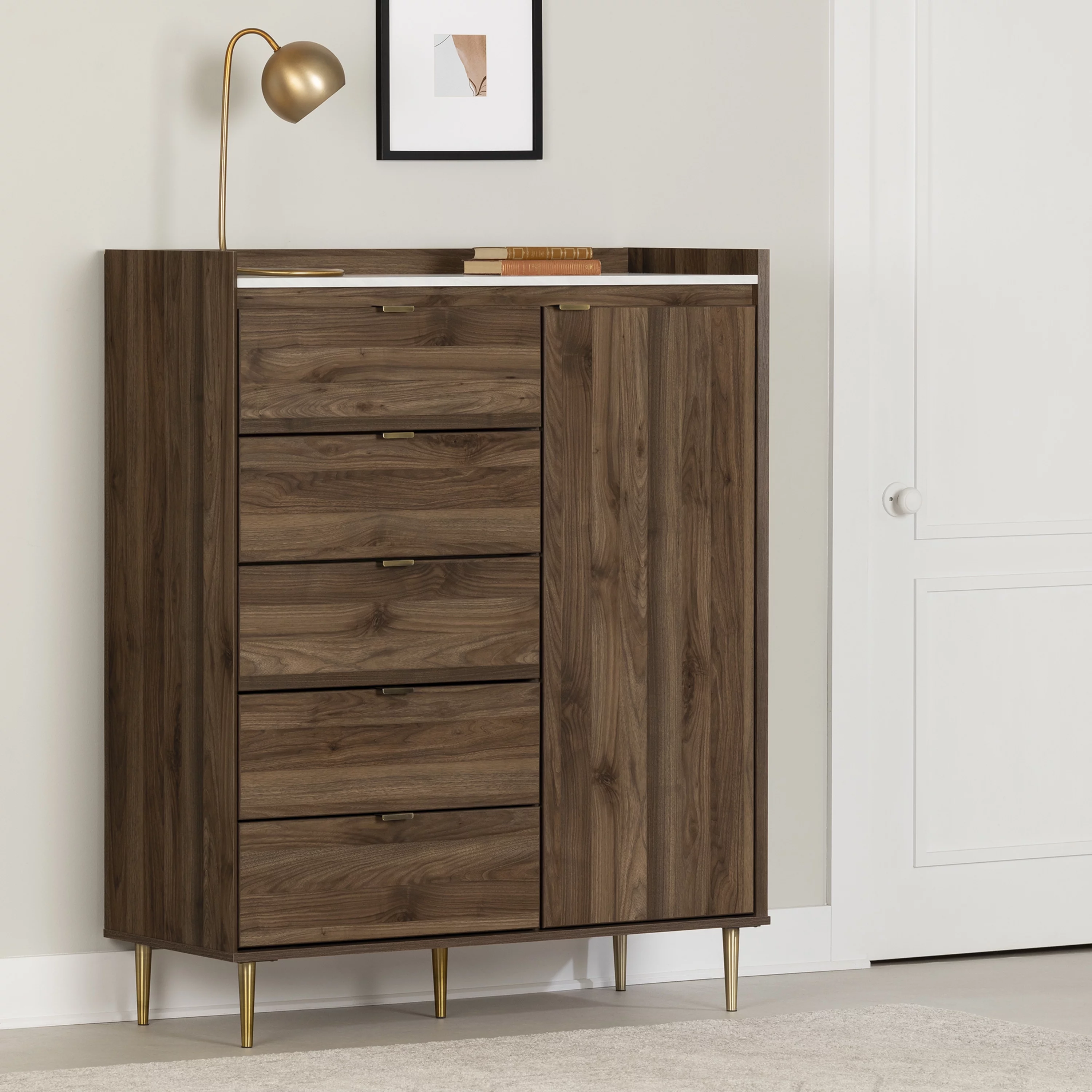 South Shore Hype Mid-century Glam 5-Drawers Dresser Natural Walnut and Faux Carrara Marble