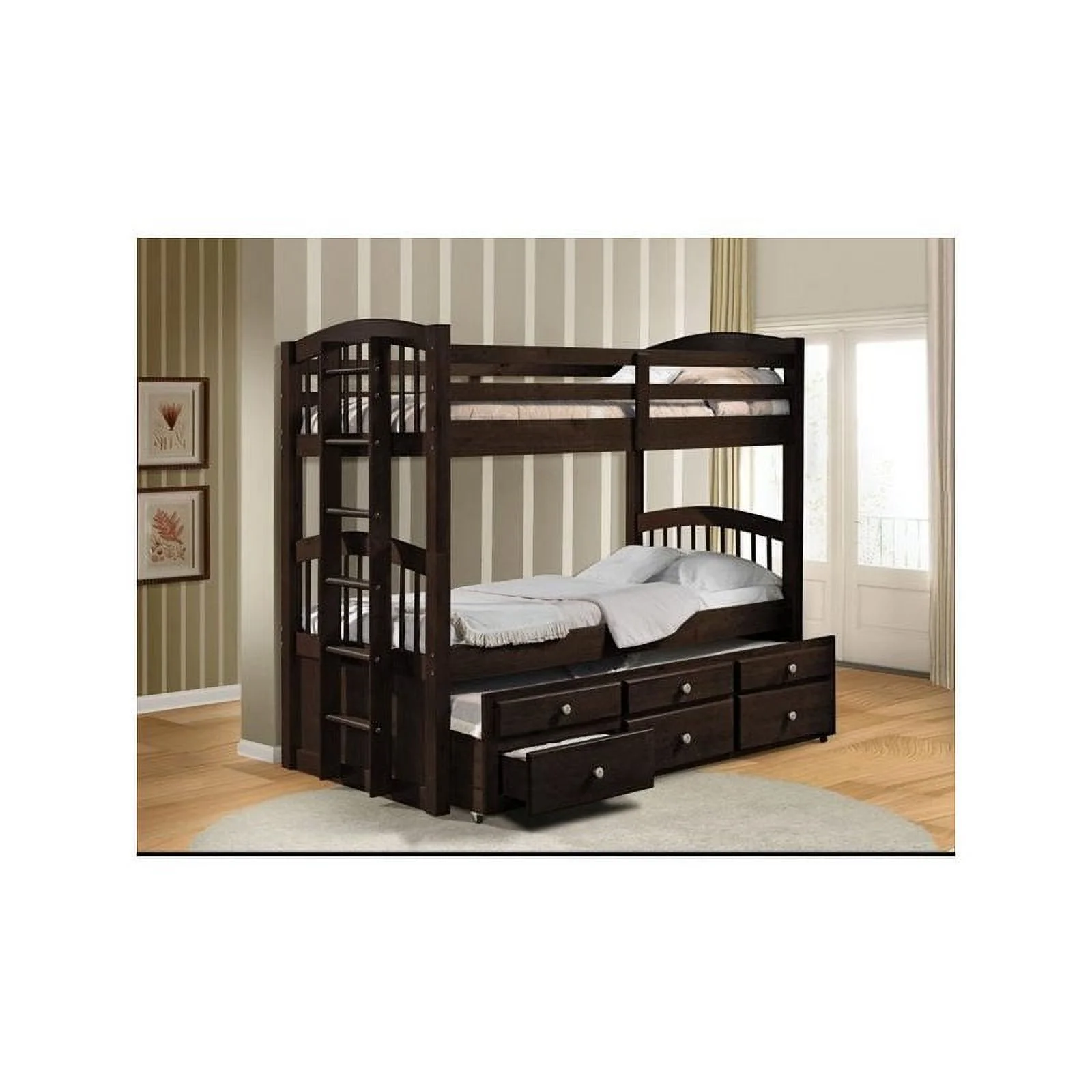 Pemberly Row Twin Over Twin Storage Bunk Bed with Trundle in Espresso