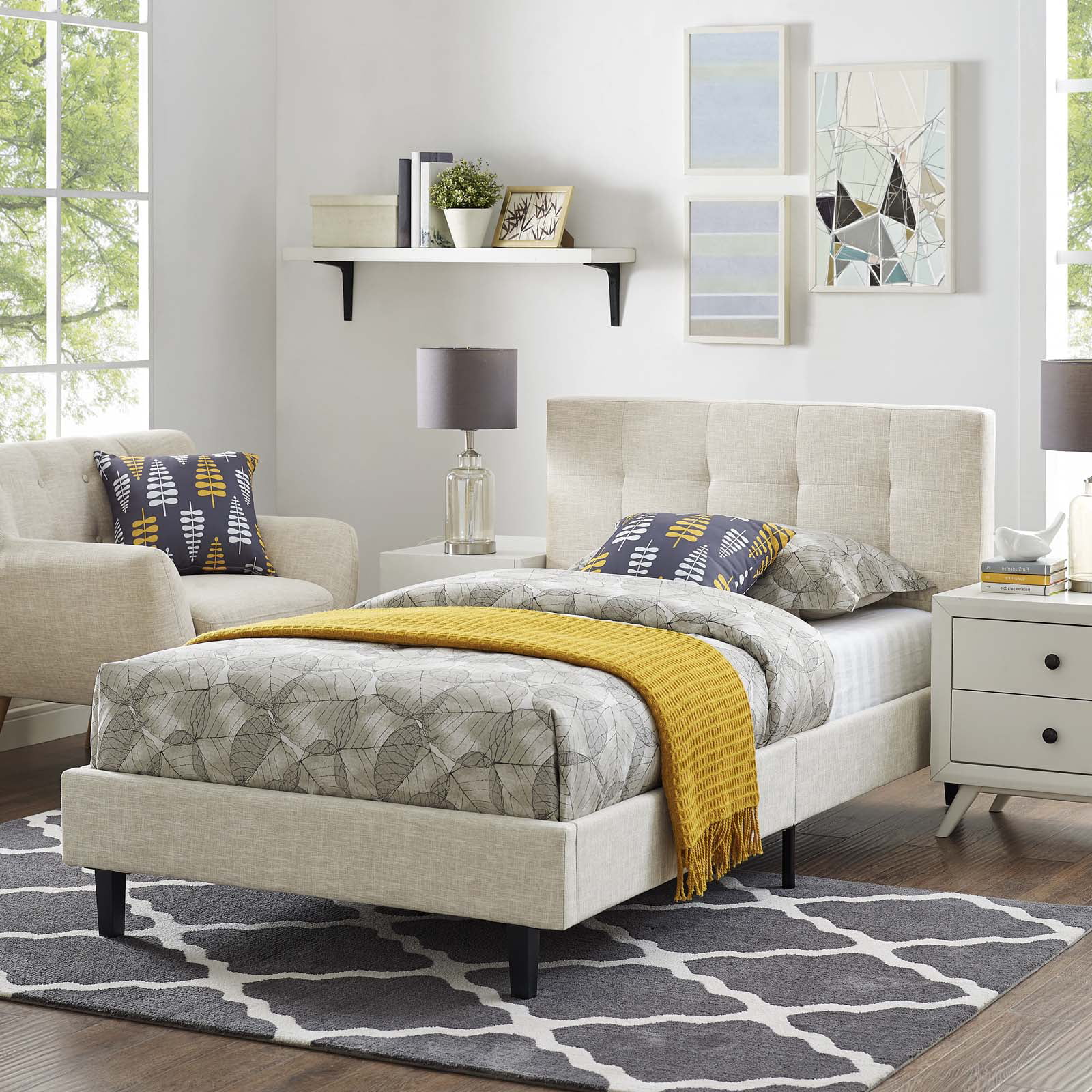 Modern Contemporary Urban Design Bedroom Twin Size Platform Bed Frame, Fabric, Beige