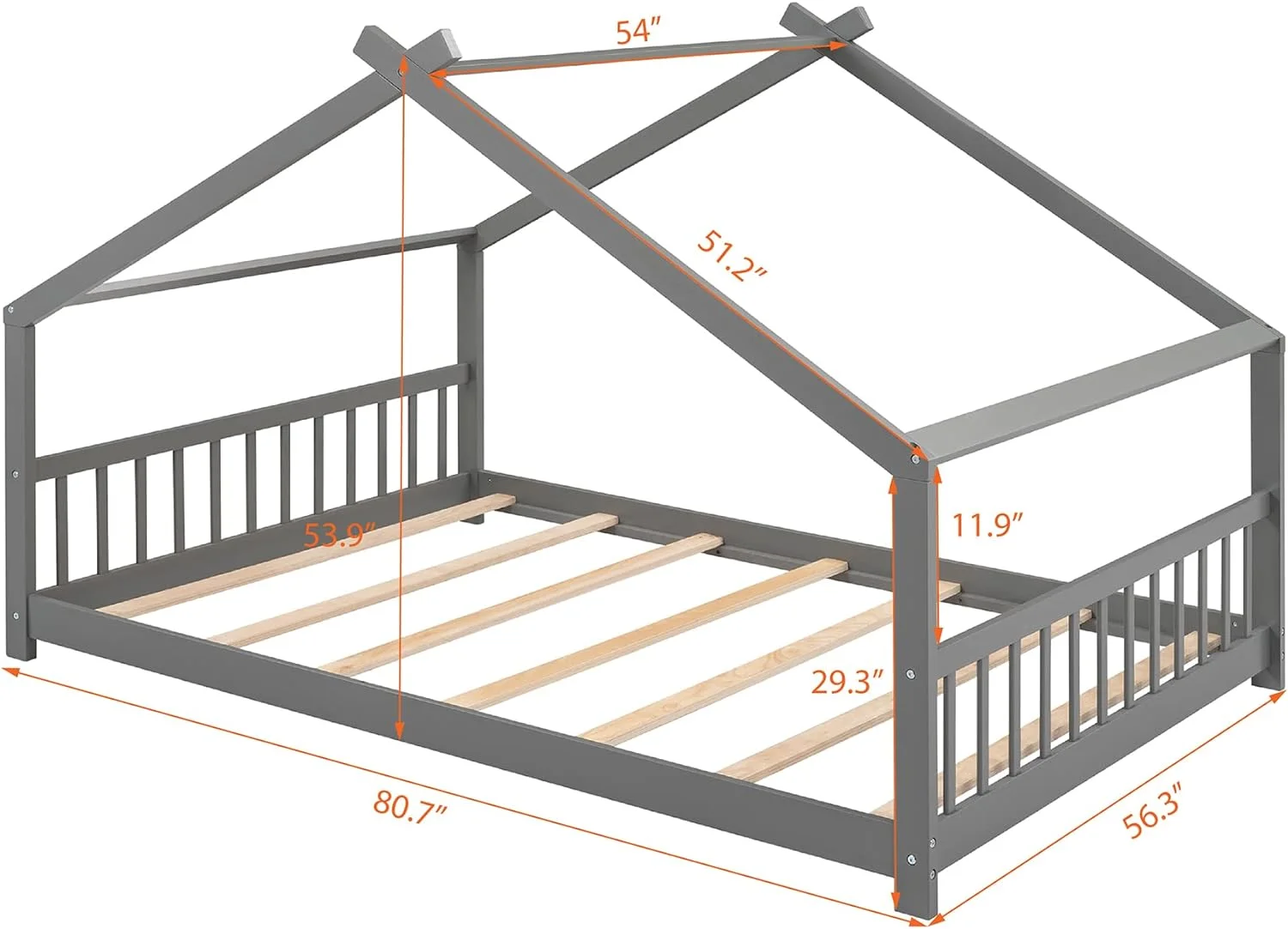 Full House Beds Wood Moessori Bed Frame Floor Bed Kids Plaform Bed Wih Headboard & Fooboard, o Box Sprig eeded (Gray)
