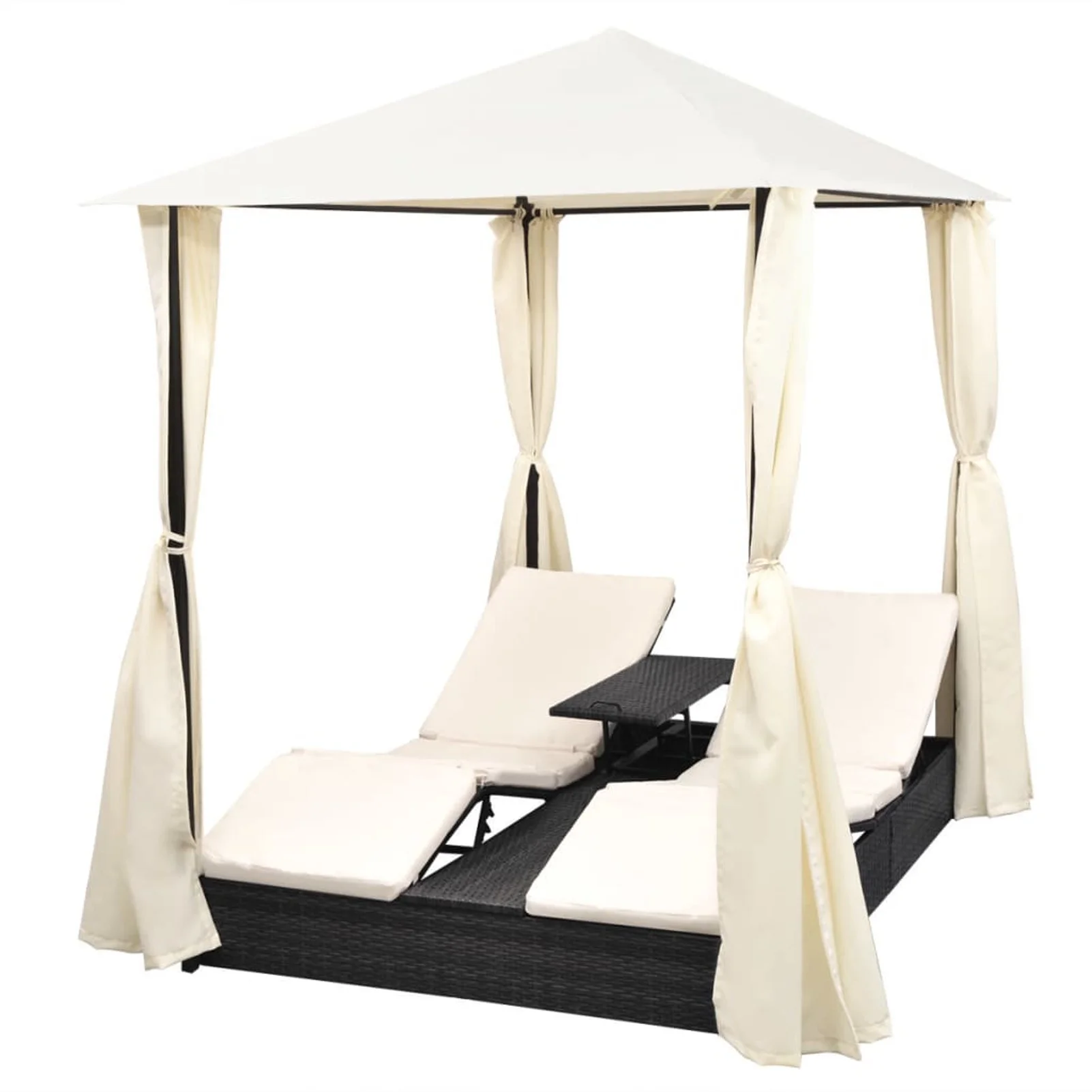 moobody 2-Person Outdoor Sunlounger Daybed with Curtains Poly Rattan Brown/Black