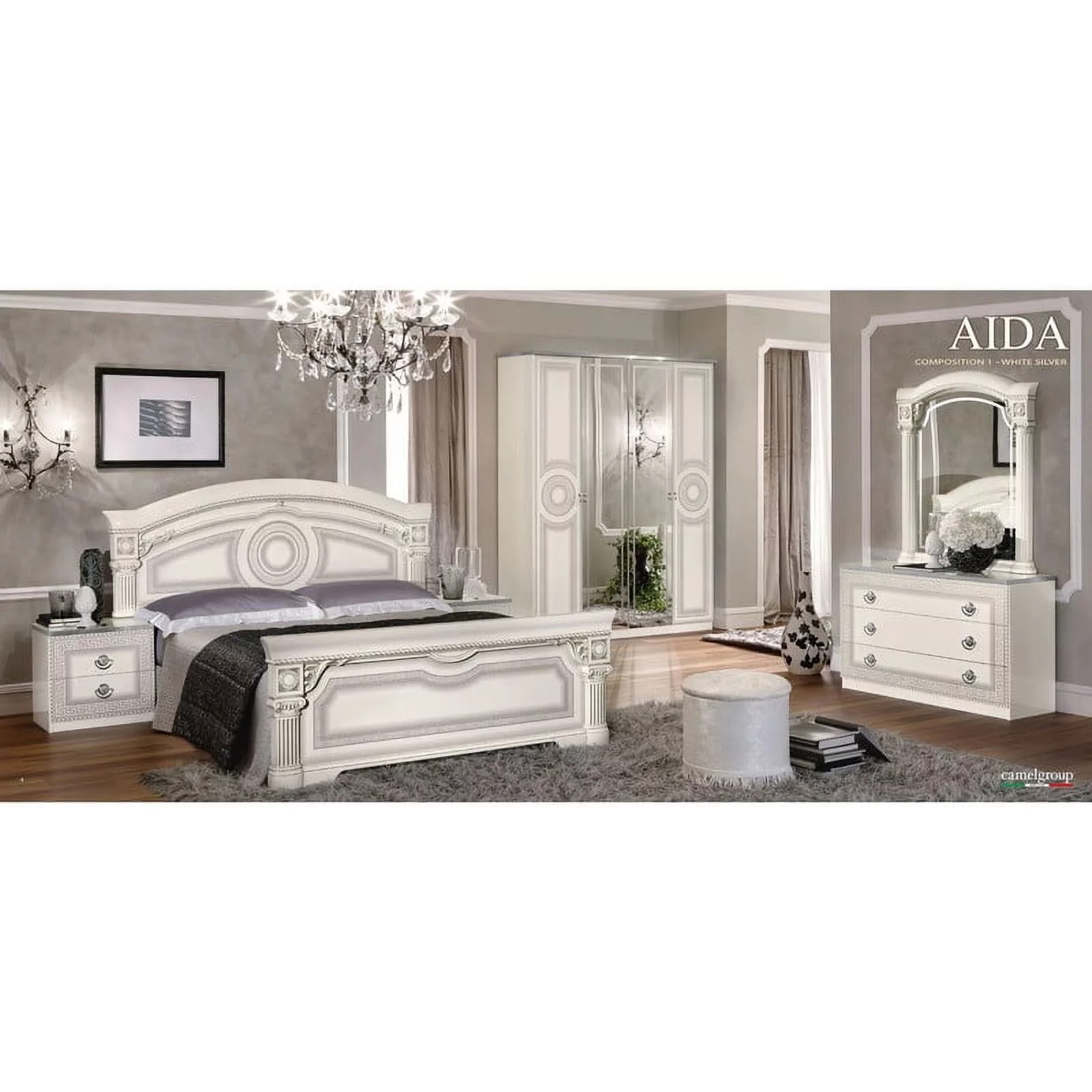 Aida Italian 5-Piece Bedroom Set, White and Silver, Queen Size