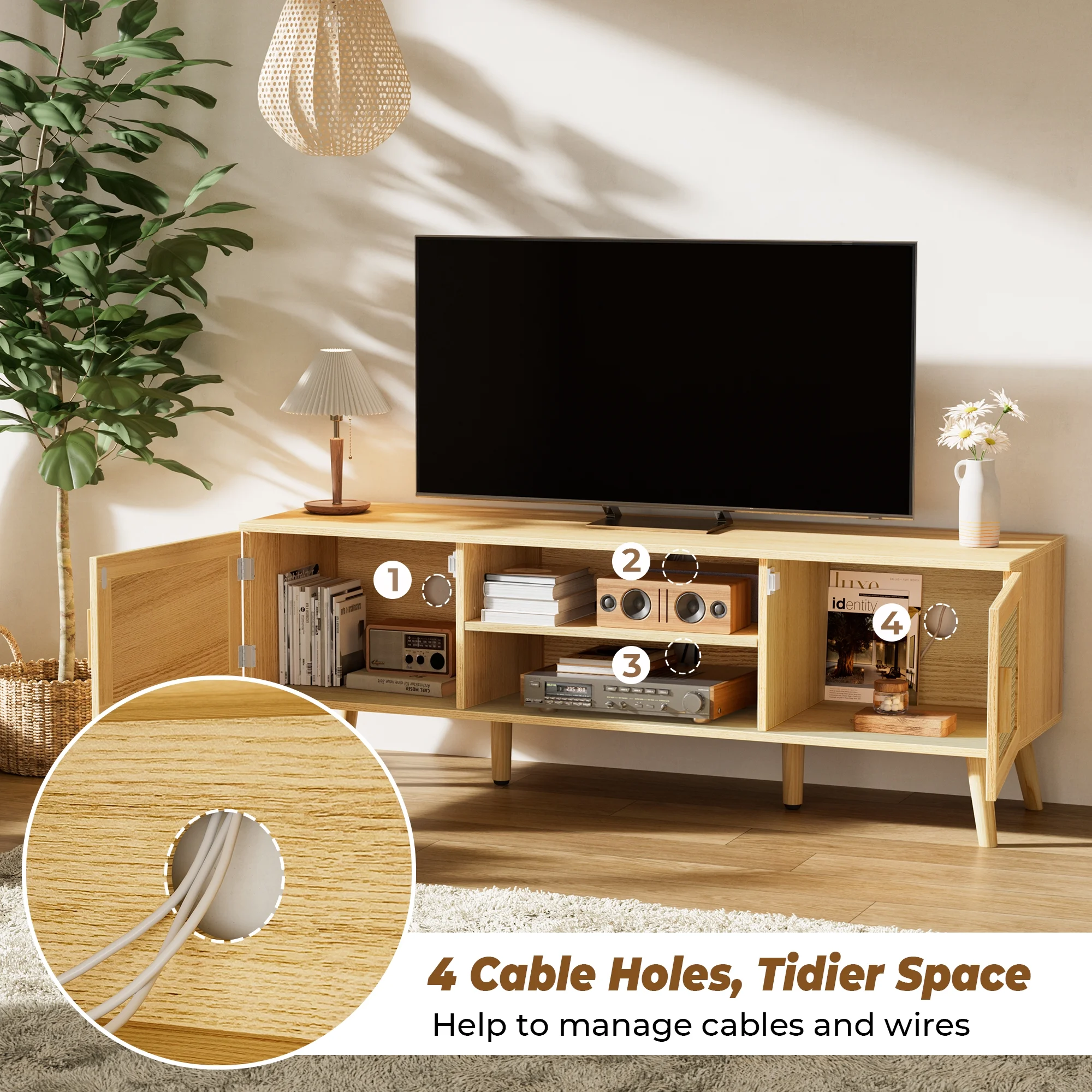 SUPERJARE Boho TV Stand for 55 inch TV, Entertainment Center with Adjustable Shelf, Rattan TV Console with 2 Cabinets, Media Console, Solid Wood Feet, 4 Cord Holes, for Living Room, Natural